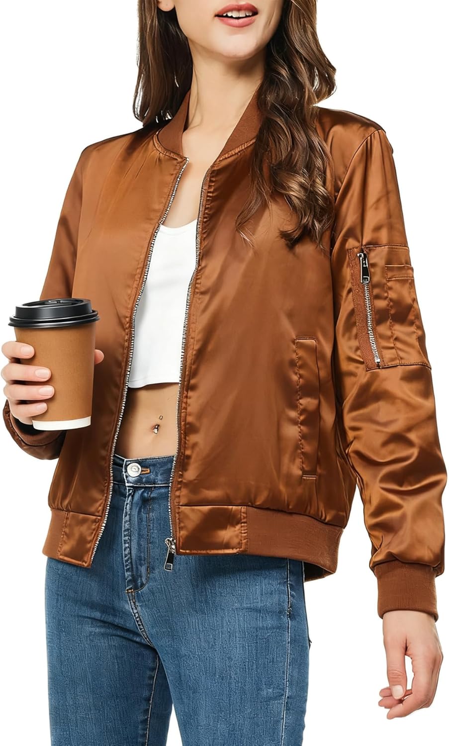 Rasujie Satin Bomber Jacket Women Zip Up Varsity Jacket Fall Windbreaker Outerwear with Pockets