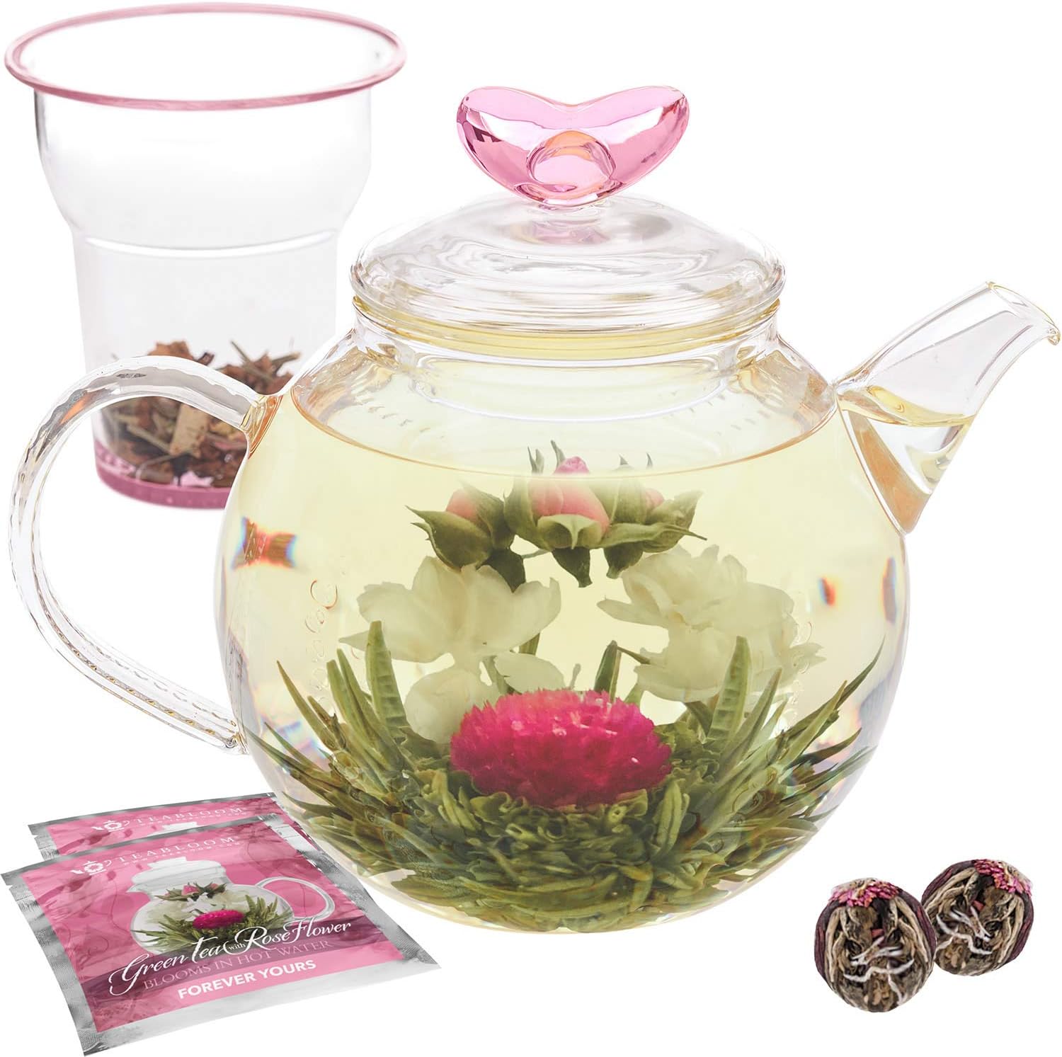 Teabloom Eternal Love Teekanne 1000 ml Glas Teekanne, Deckel mit Herz, Glas TeeEi für losen