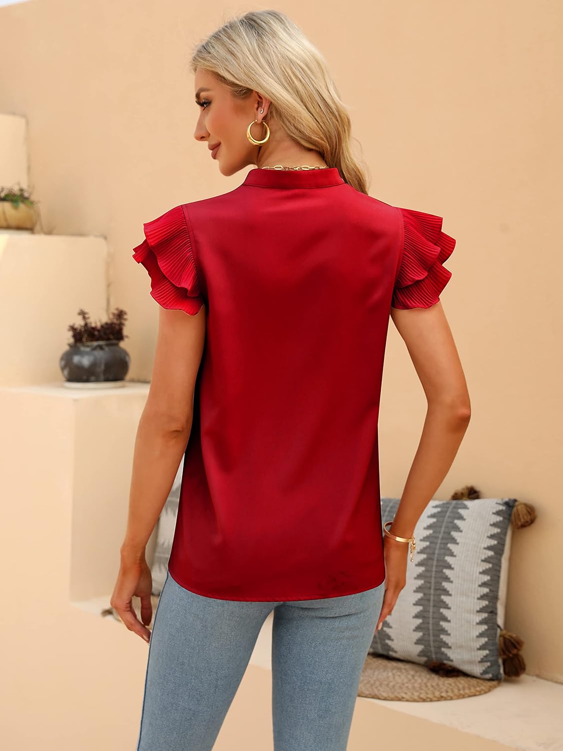 Sucolan Women's Summer Tops Dressy Casual Notch V Neck Ruffle Short Sleeve Flowy Shirts Cute Blouses Tops - Image 5