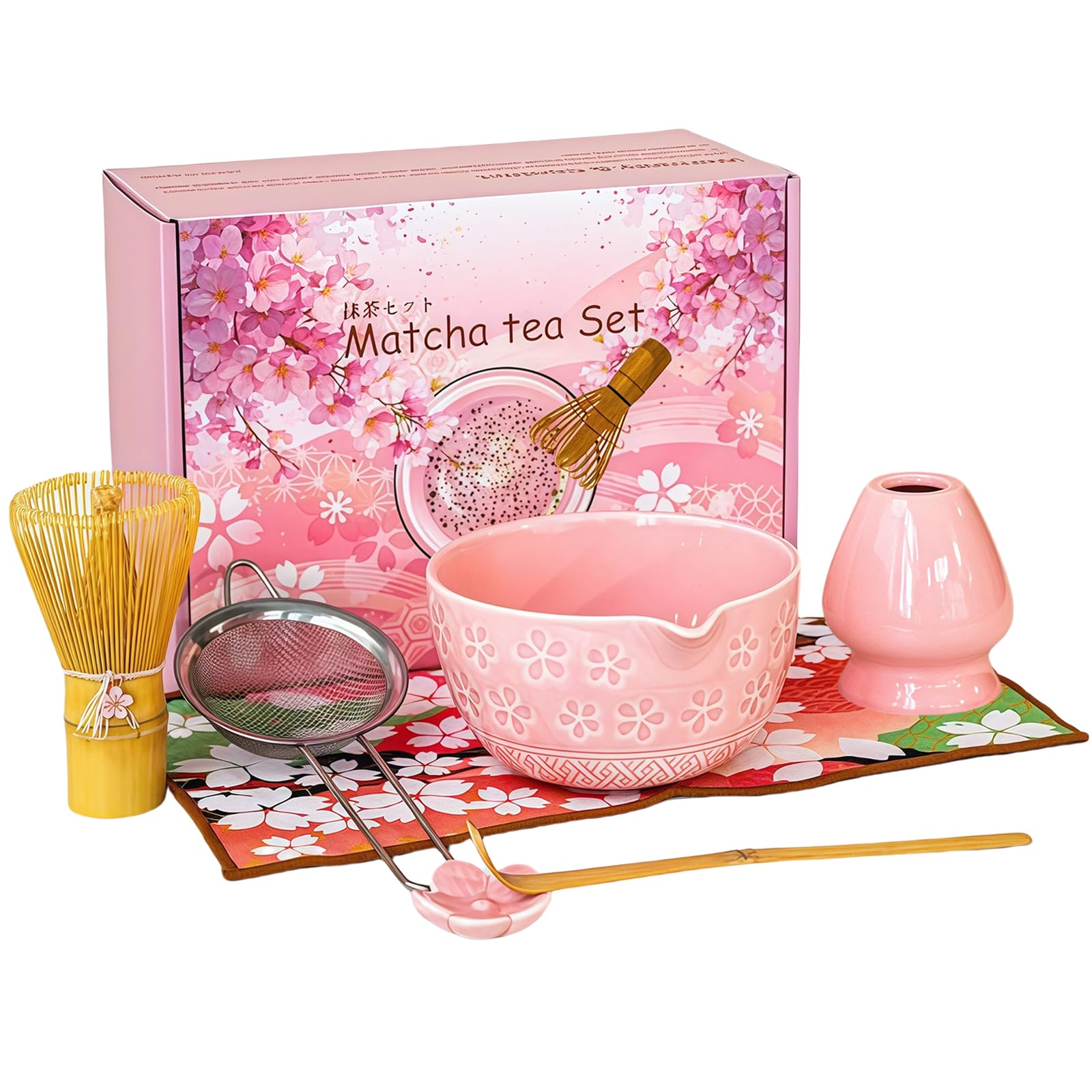 Matcha, rosa, 7-delat tésätt med kvast, skål med pip, sil, tehandduk, kvasthållare i keramik och sked, matcha tillbehör för älskare
