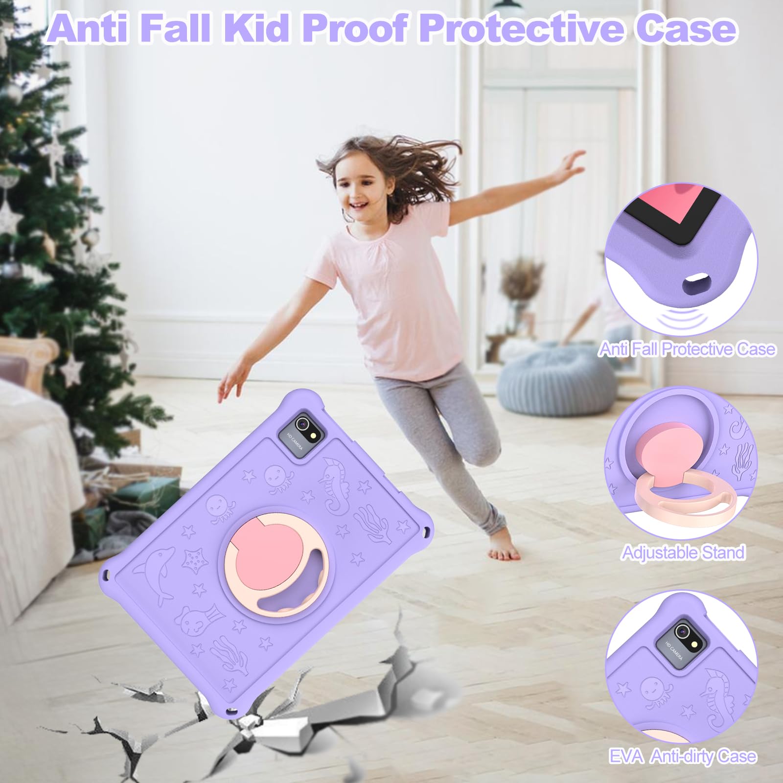 Tablet Bambini 10.1 Pollici, Android 13 Educativo per Bambini 8GB RAM 128GB Rom,Controllo Parentale,6000mAh,WiFi FHD 1280x800 per Tablet PC 3 a 6 Anni con Custodia,Viola