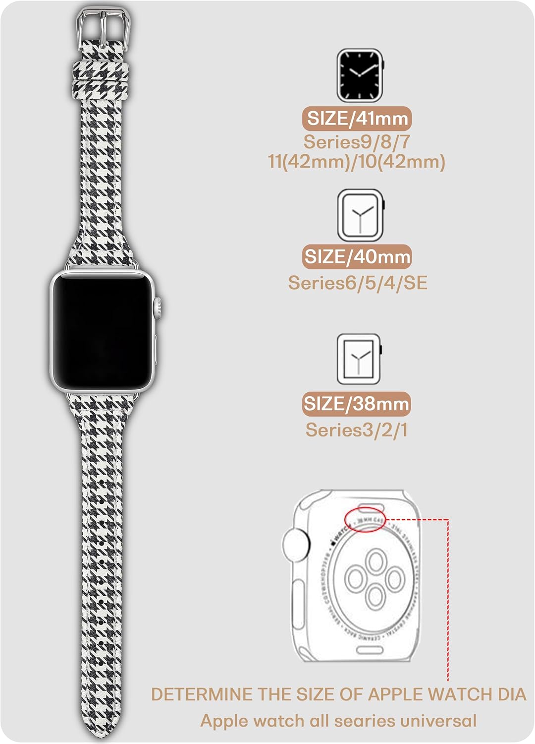 Designer Houndstooth Slim Bands Women Compatible with Apple Watch 41mm 40mm 38mm, Luxury Leather WristBand Black White Plaid for iWatch Series 11(42mm)/10(42mm)/9/8/7/6/5/4/3/2/1/SE for Women