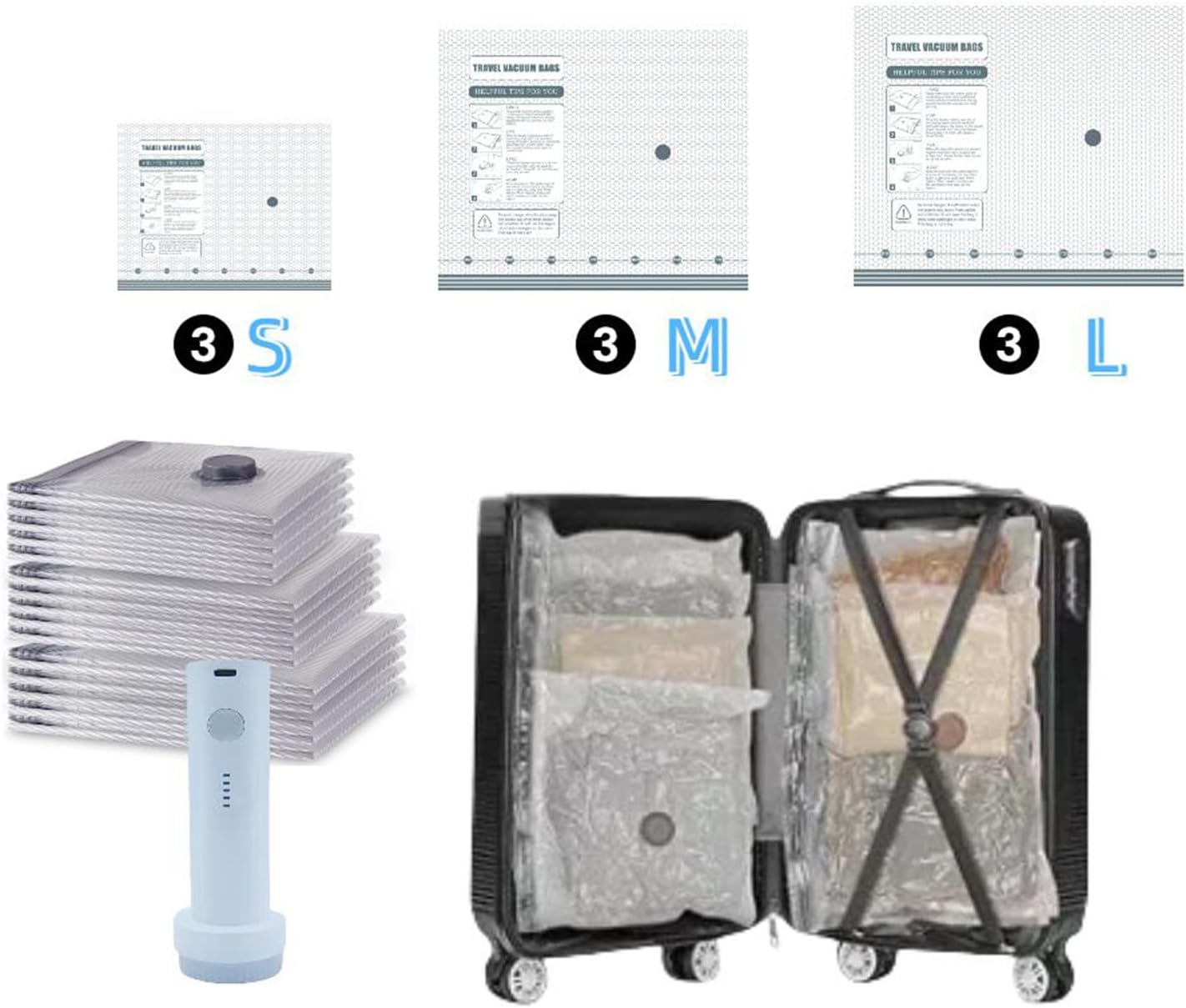 旅行用真空バッグ ポンプ付き | 9枚セット 引越しパック - 充電式ポンプ付き 便携収納バッグ クローゼット整理 移動 dorm