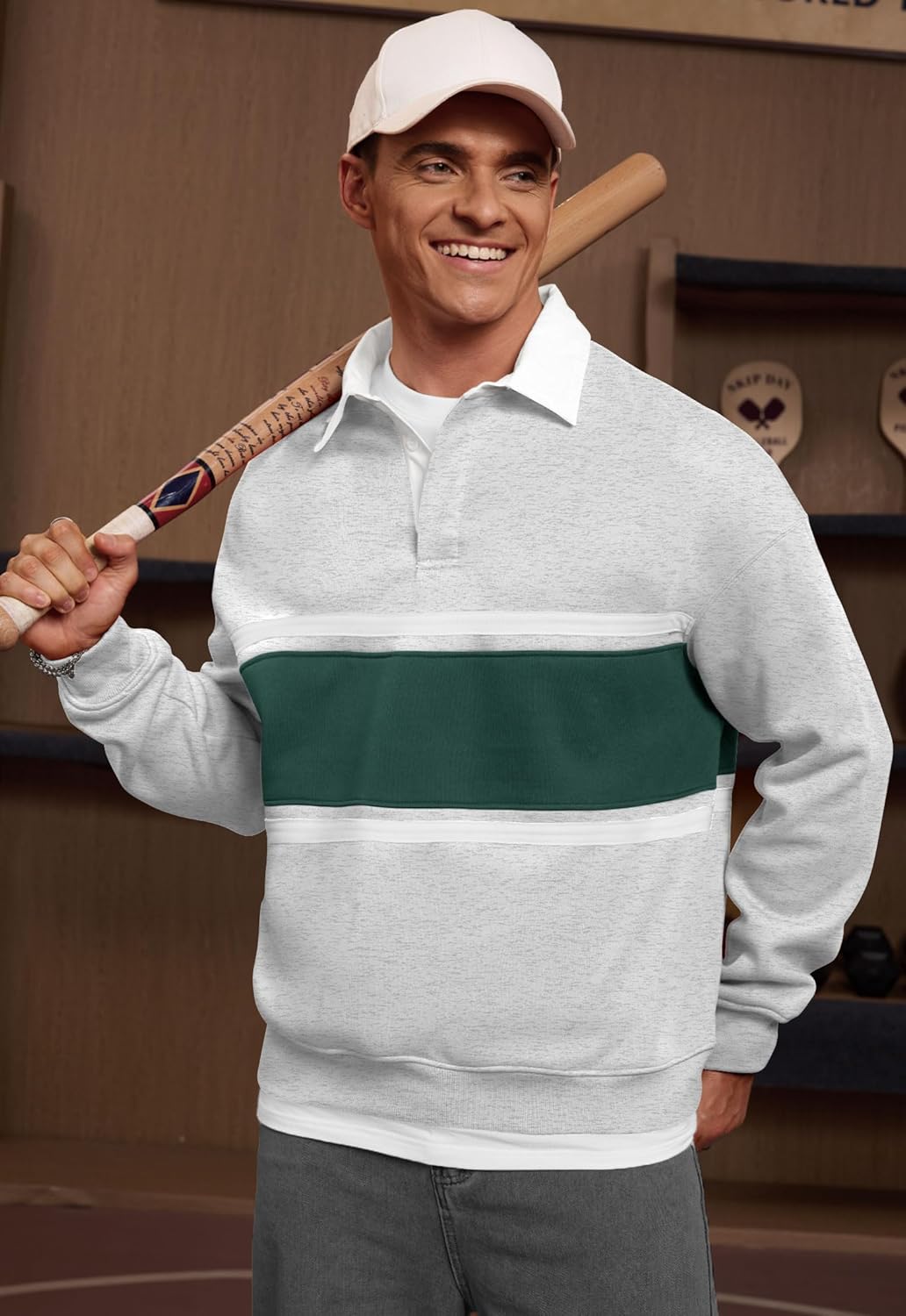 Men Fleece-Lined Rugby Shirts Heavyweight Color Block Long Sleeve Sweatshirt(S-2XL) - Image 4