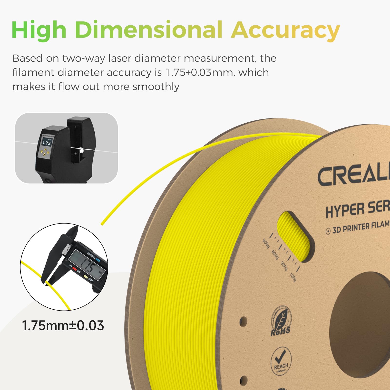 Creality Official Hyper PLA Filament Giallo 1KG, Filamento per Stampanti 3D per la Stampa ad Alta Velocità, Durevole e Resistente, Liscio, Prestazioni a Sbalzo Precisione Dimensionale +/-0,03mm
