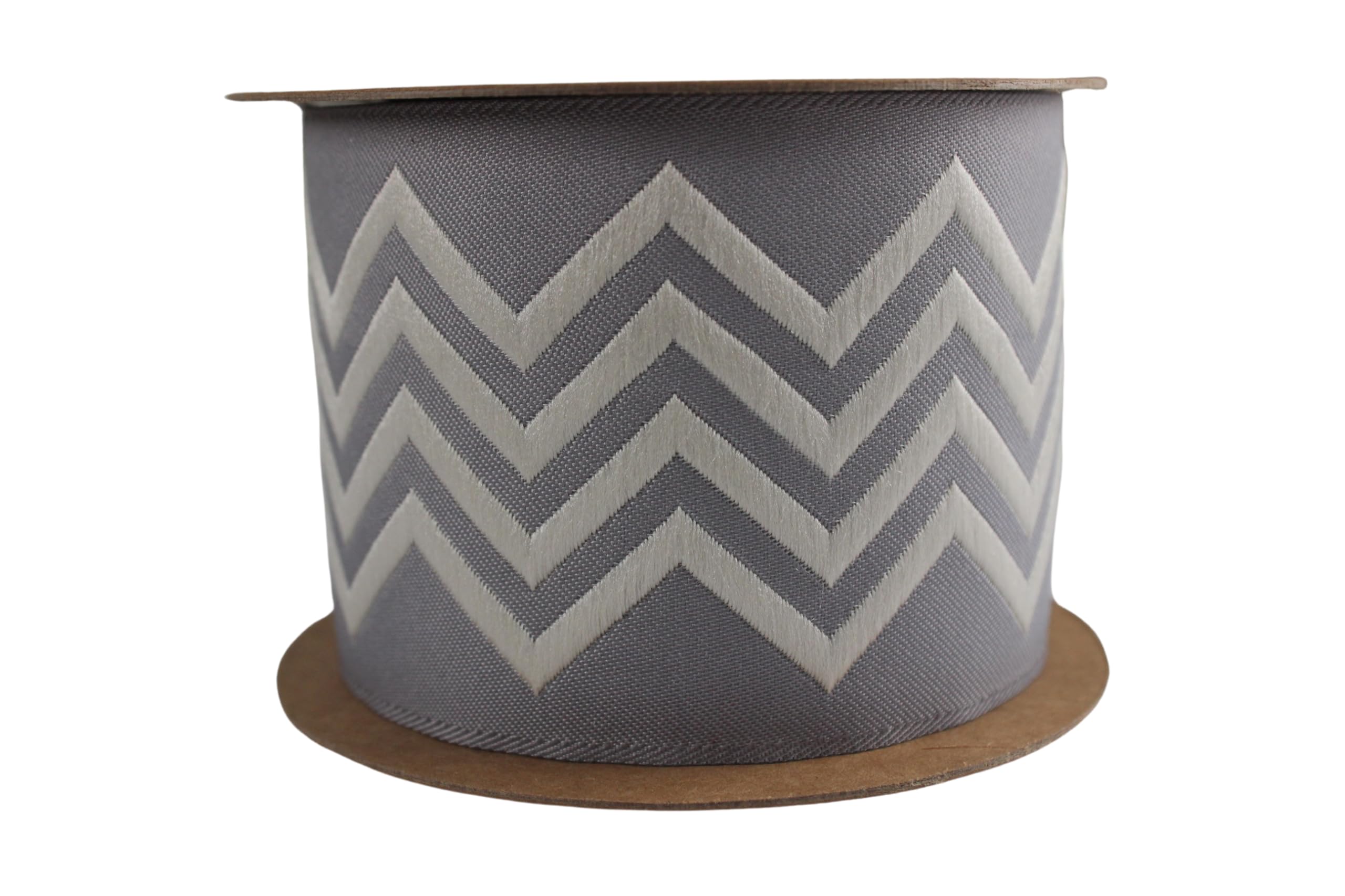 Bobine de ruban jacquard brodé en zigzag pour rideaux - 6,8 cm - Gris/crème 4m