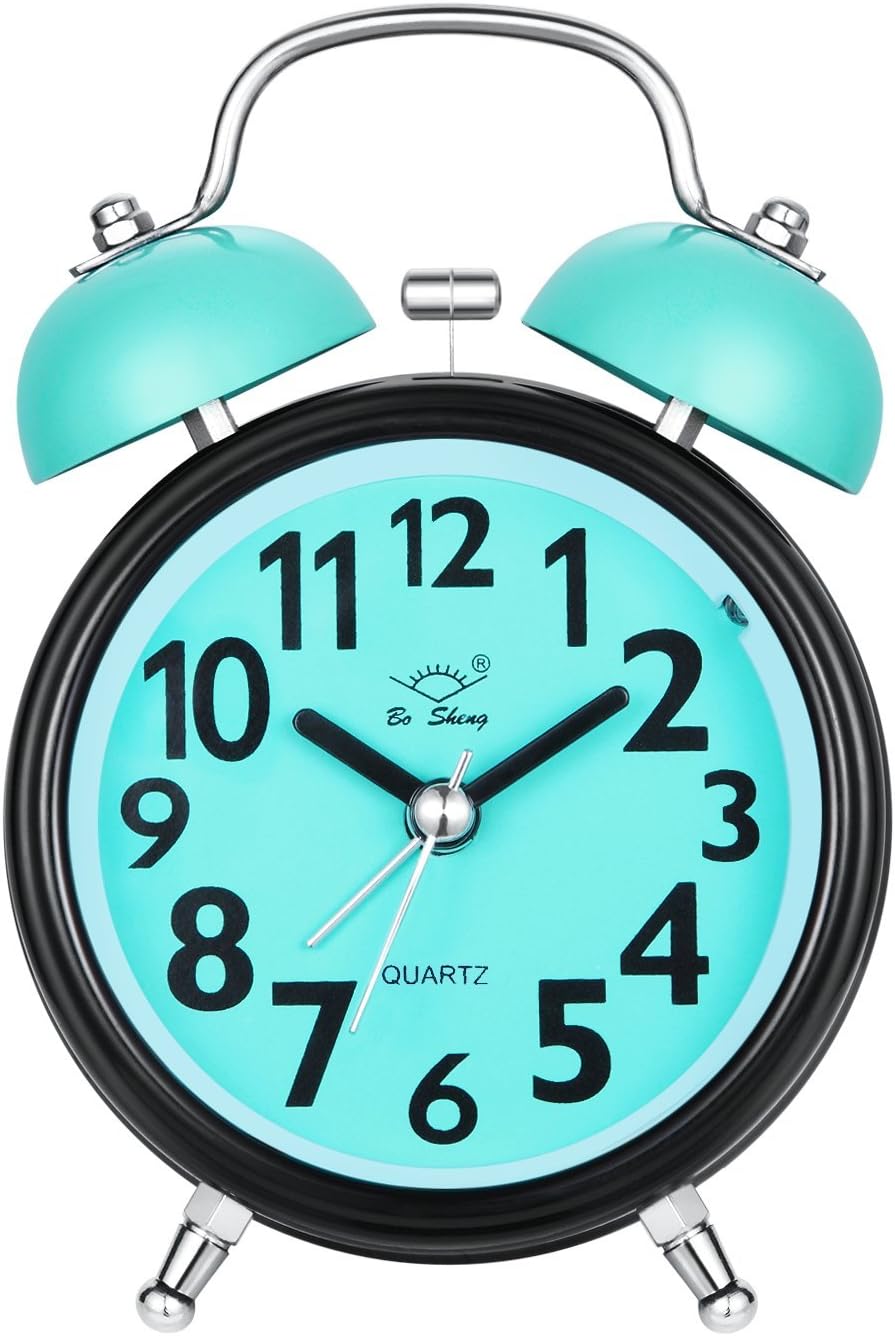Alarm Clock for Heavy Sleepers, Silent Desk Bedside Travel Alarm Clock, Cute No Ticking Twin Bell with Backlight and Loud Alarm Analog Clock for Bedrooms