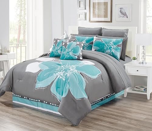 Juego de ropa de cama de 12 piezas, color azul aguamarina, gris, blanco, floral, tamaño California King, sábanas y almohadas decorativas