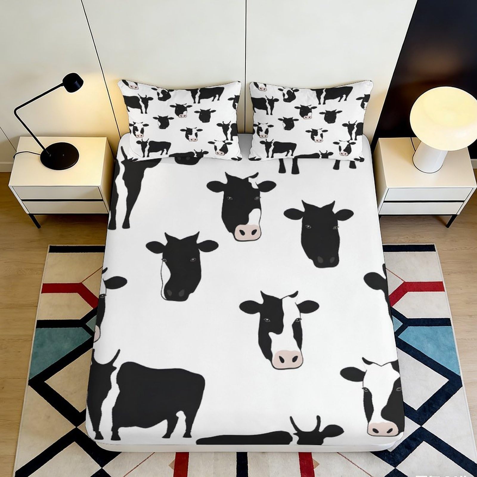 3D Printed Cow Pattern Fitted Sheet Microfiber Deep Pocket Non-Slip Bedding Cow Mattress Fitted Cover Full Wrap Washable 180x200x25cm
