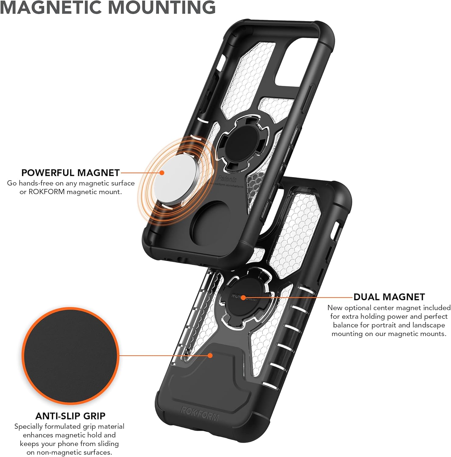 Rokform iPhone 11 Pro case demonstrating magnetic mounting with powerful magnet, dual magnet, and anti-slip grip features.