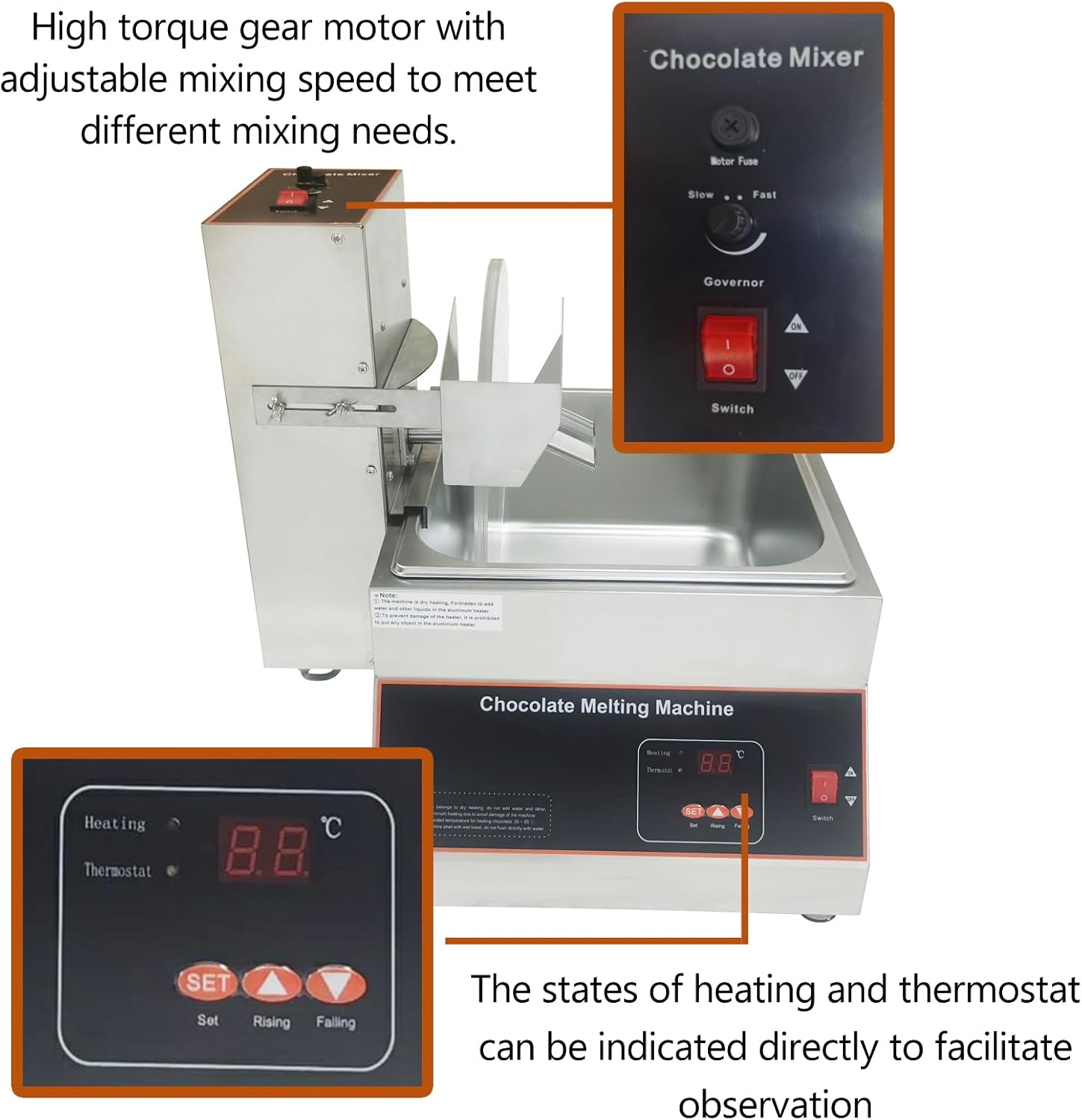 TECHTONGDA Electric Chocolate Melter Mixer 110V Commercial Chocolate Melting Pot with 0-95˚C Temperature Control, Stainless Steel Chocolate Tempering Machine 38-55RPM Speed