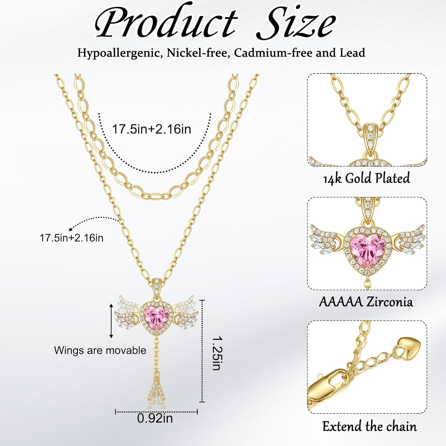 Letter Heart Necklace for Women Angel Wings Necklace 14K Gold Plated Name Initial Layered Necklace Zirconia Pendant Love Symbol Necklace Jewelry Gifts for Women - Image 6