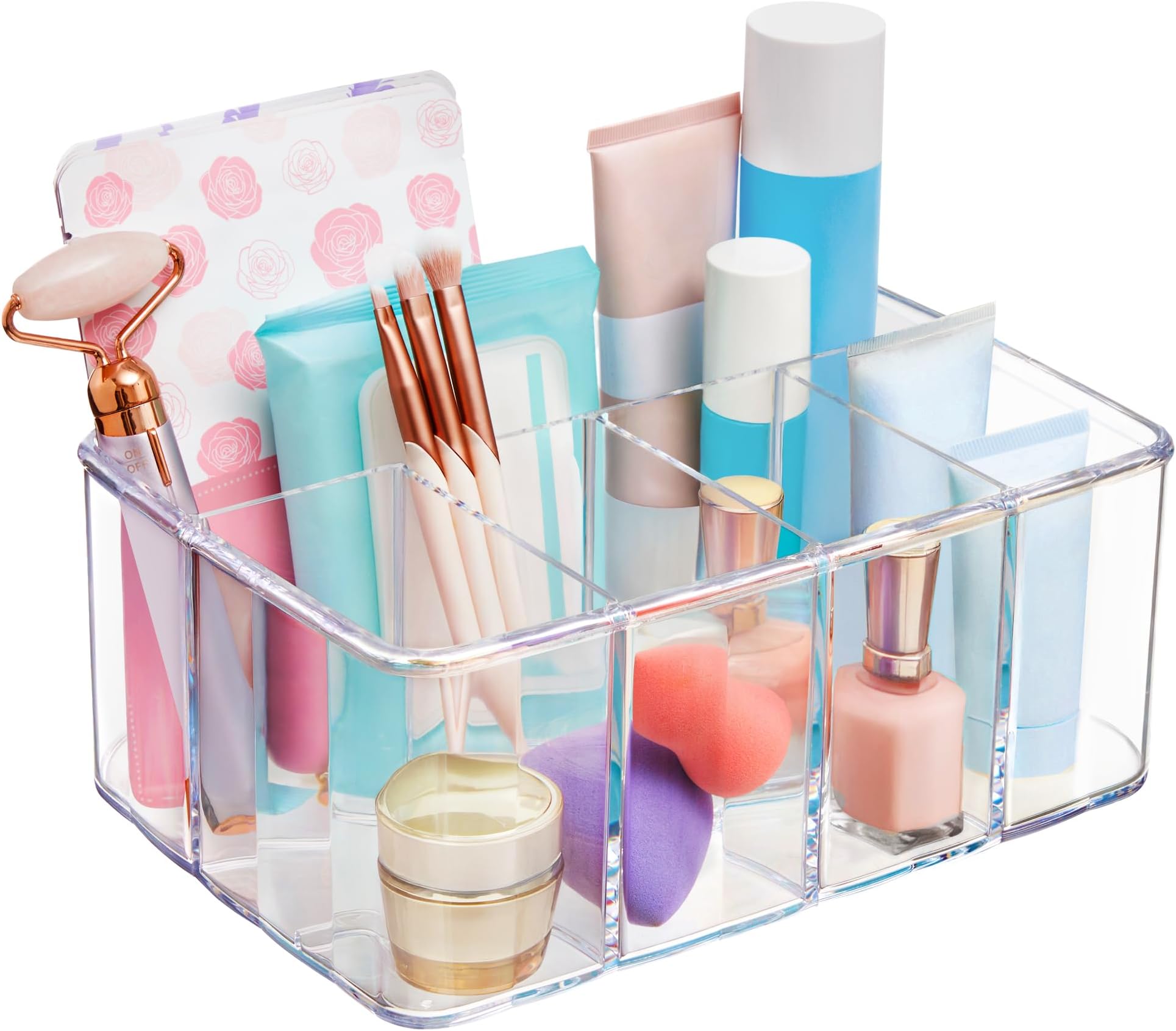 STORi 5-Compartment Clear Plastic Organizer | Rectangular Divided Makeup and Vanity Storage Bin and Office Desk Caddy | Scalloped Wall Design | Made in USA