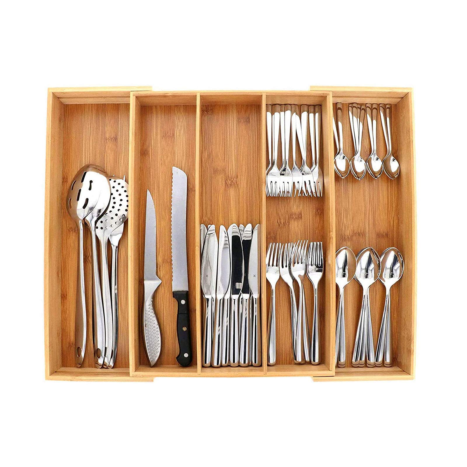 Erweiterbarer Schubladen-Organizer, Besteckeinsatz für Schublade, verstellbare Küchenschubladenteiler, umweltfreundliche Aufbewahrung (5 erweiterbare Fächer)