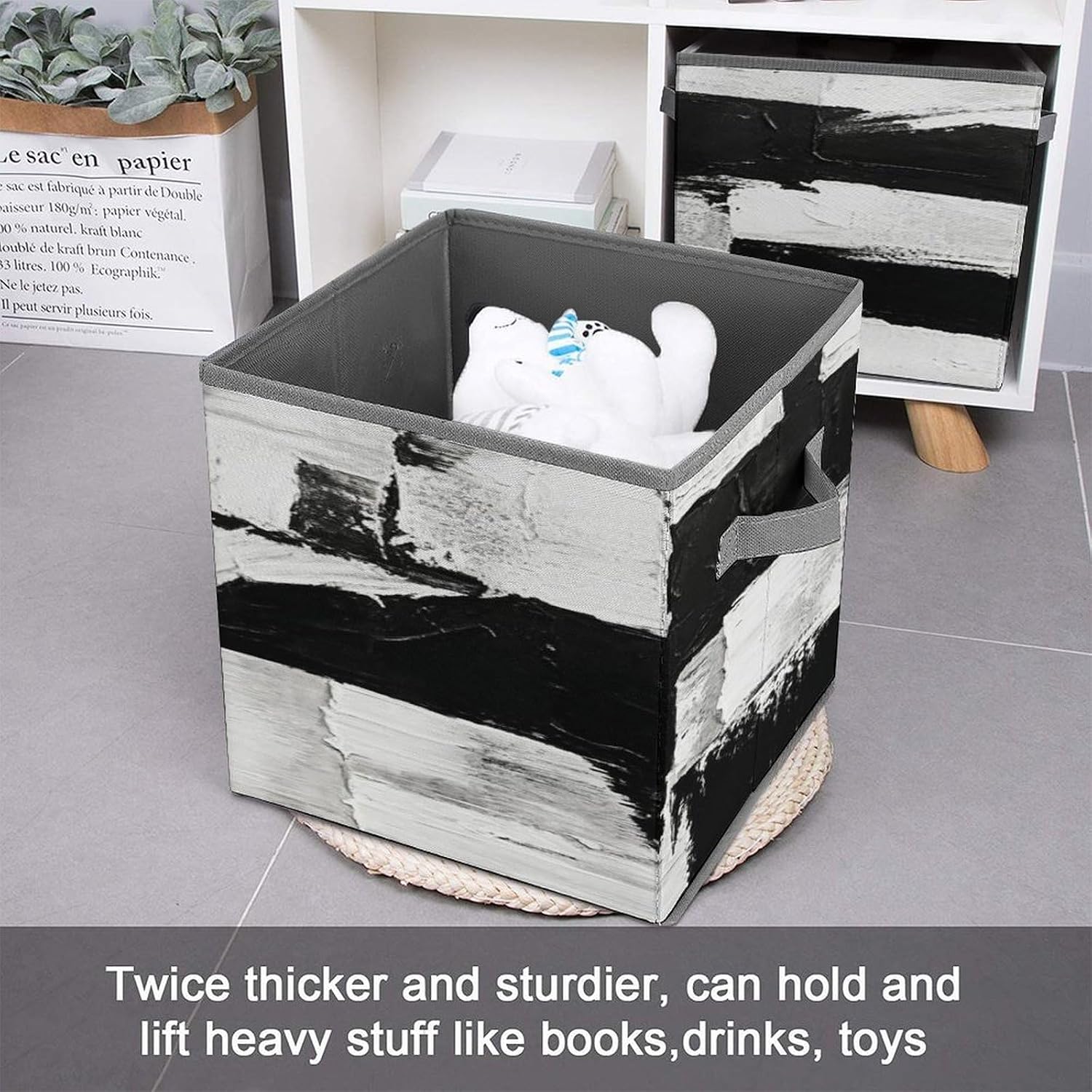 Black And White Fabric Bins Storage Basket Square Baskets | Storage Bin with Double Handles,Cube Collapsible Organizers for Organization,Closet,Shelves,Offices