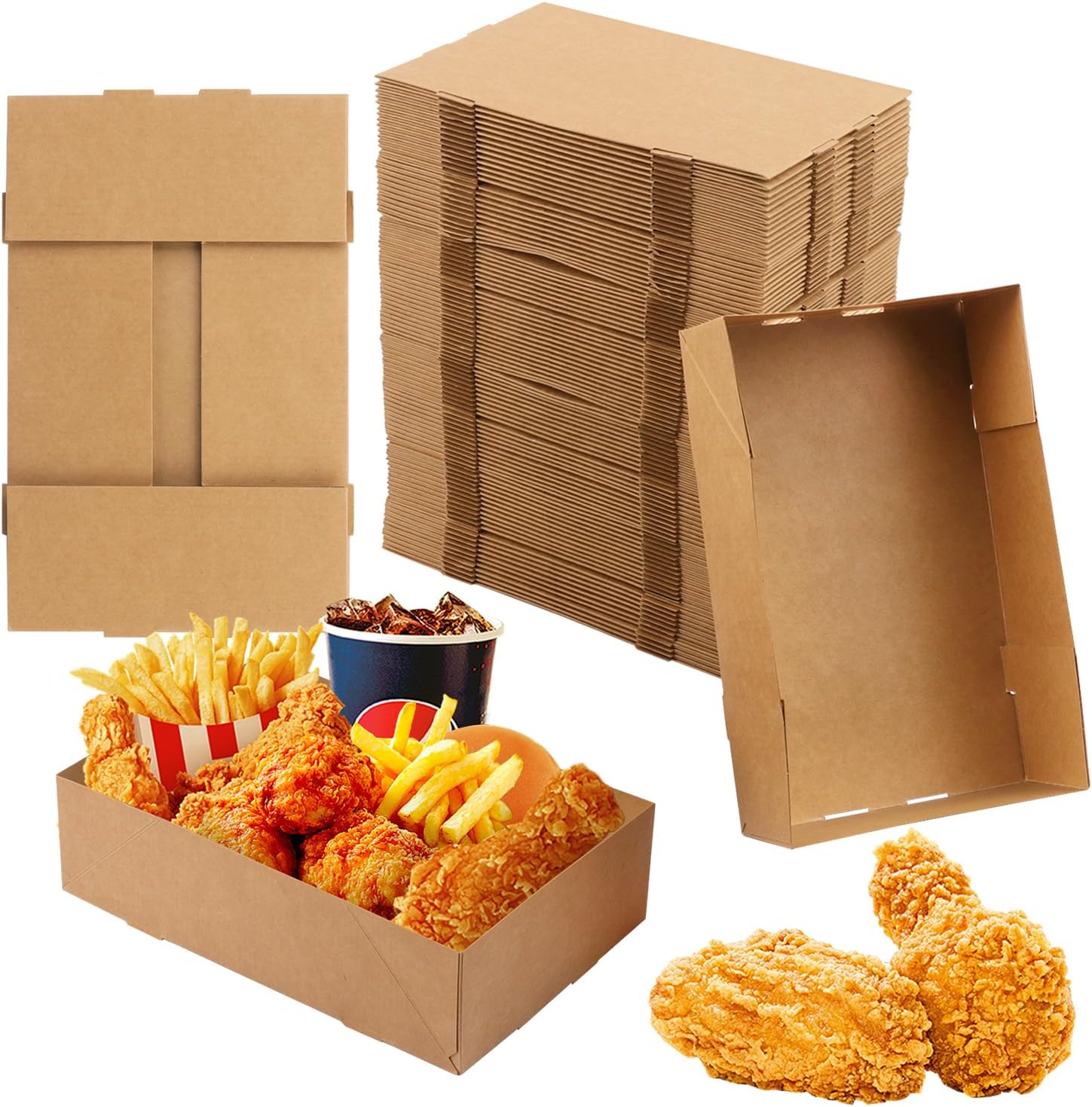 100 PCS 4 Corner Pop Up Paper Food Trays, 8.8 x 5.6 x 2.4 inches Disposable Cardboard Food Tray, Greaseproof Kraft Snack Trays for Parties, Movie Night, Stadium, Theater & Picnics(Brown)