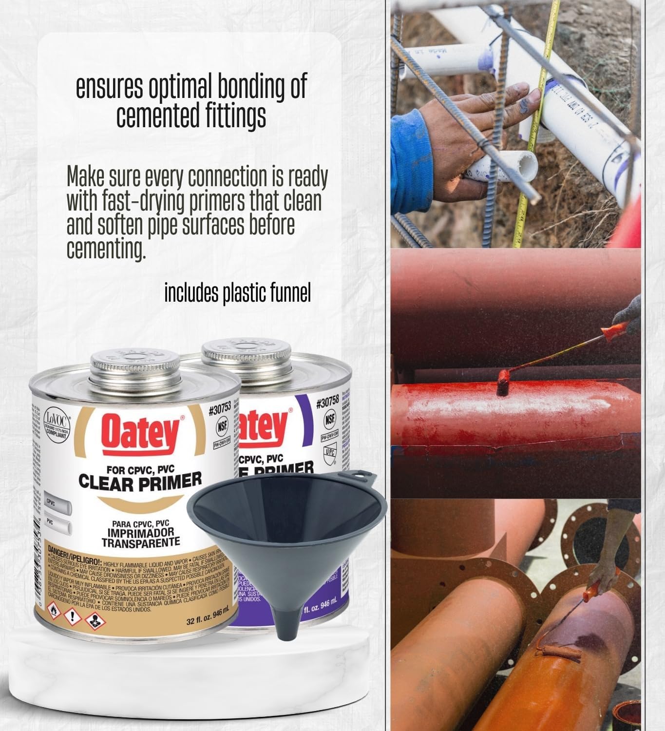 PVC Glue and Primer Combo 32 oz Bundle with Purple Primer + Funnel – Prepares and Softens Pipe Surfaces for Strong Solvent Welds on PVC and CPVC Systems – Gift Set (3 Items)