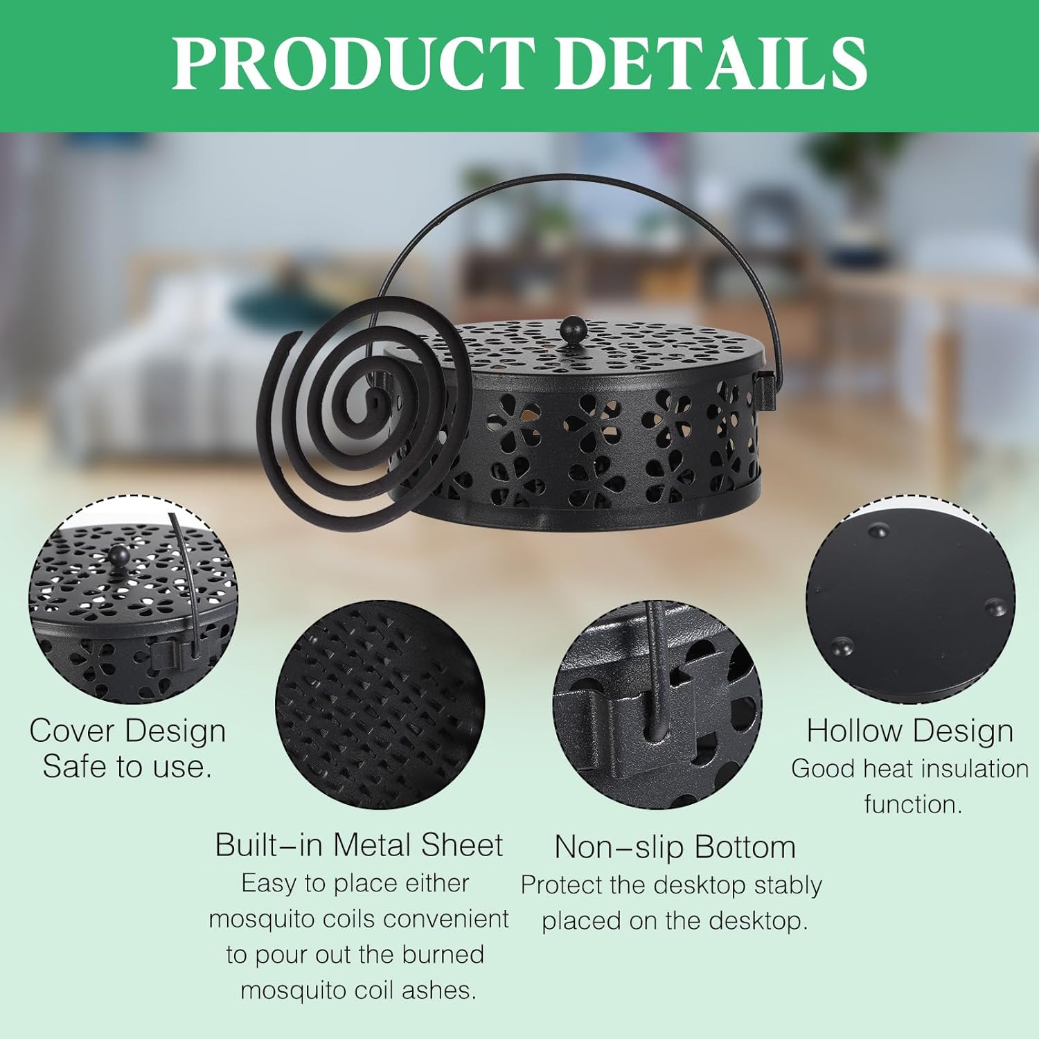 4 Pcs Mosquito Coil Holder Incense Coil Holder, Retro Iron Portable Hanging Outdoor Incense Burner Holder with Handle Round Metal Incense Holder for Home Camping Indoor Outdoor Patio (Black)