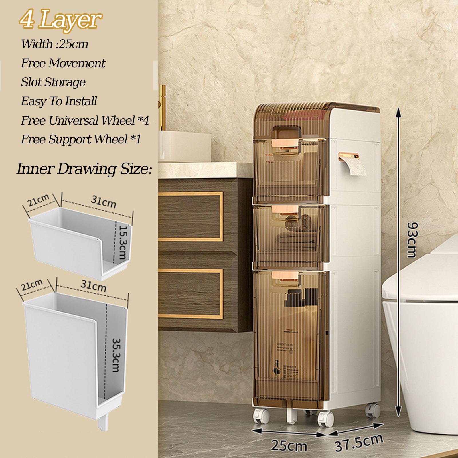 Schmaler Lagerschrank, eleganter freistehender Toilettenpapierhalter, geschlitzter kleiner Badezimmer-Unterschrank, schmale Kunststoffschublade, multifunktionaler Organizer für Küche, Schlaf