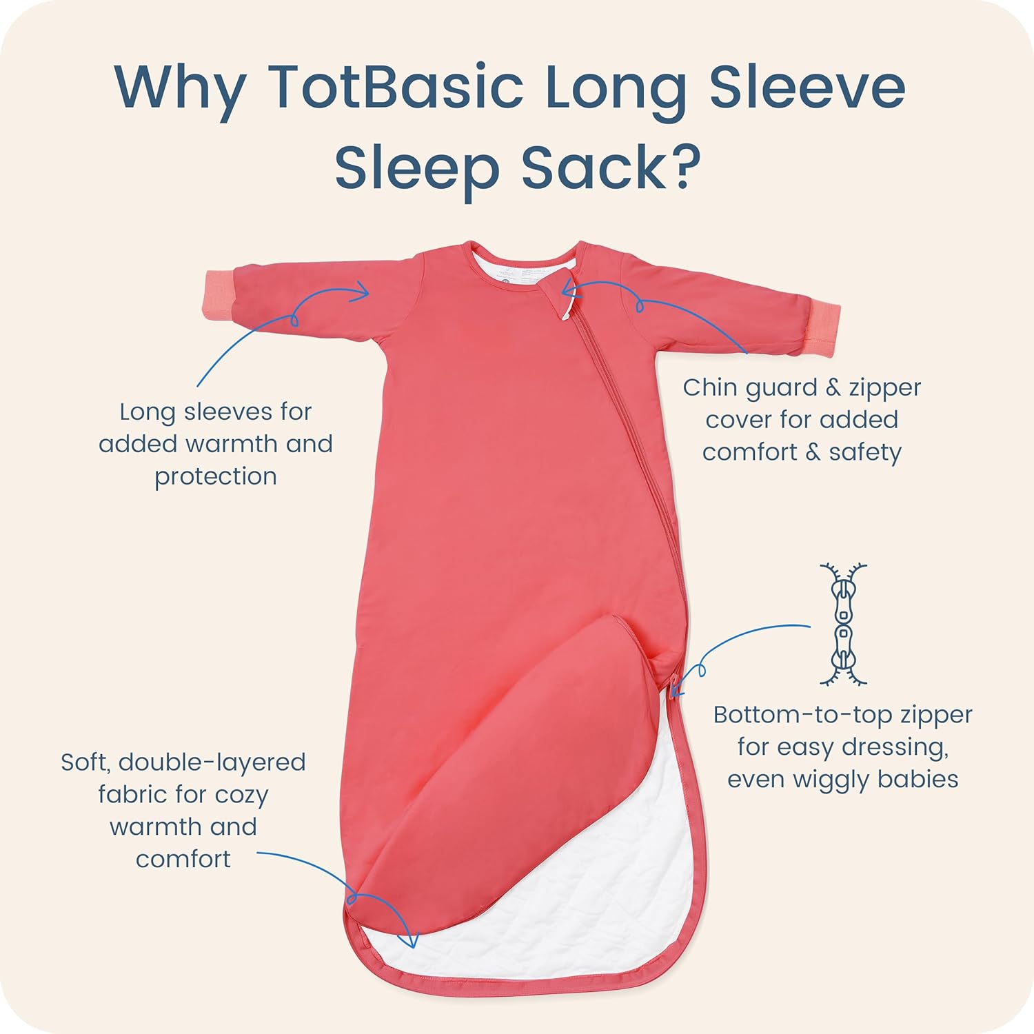 Baby Sleep Sack Long Sleeve Wearable Blanket 1.0 TOG, Premium Soft Infants Warm Sleeping Bags with 2-way Zippers