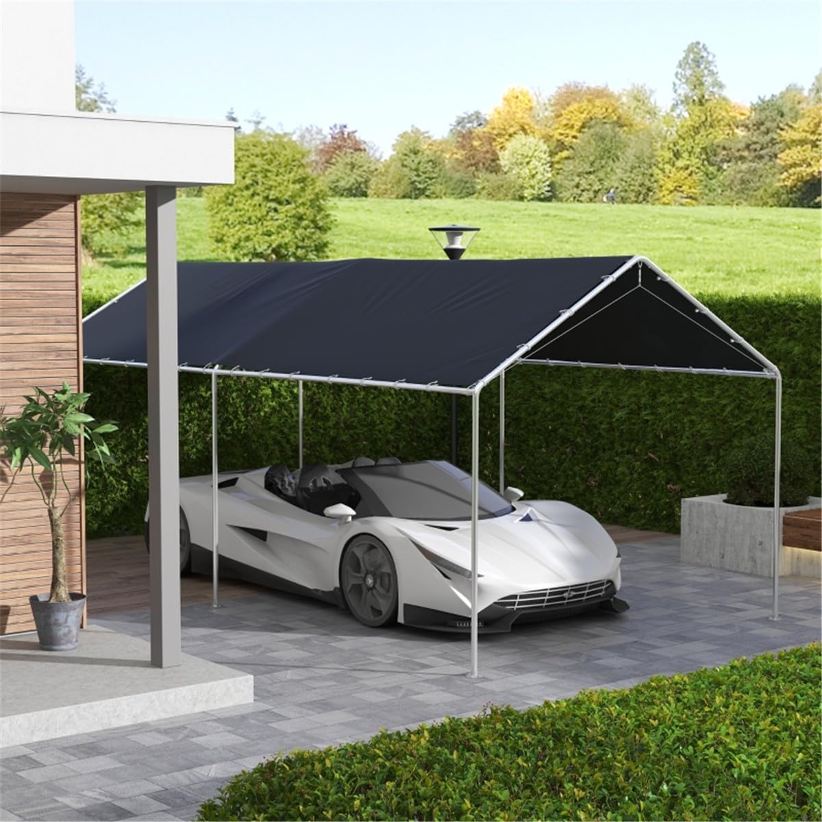 10'x20' Heavy-Duty Carport Canopy - UV-Protected Dark Gray PE Cover with Easy-Fasten Ball Bungee Cords, Quick Assembly for Outdoor Vehicle Protection