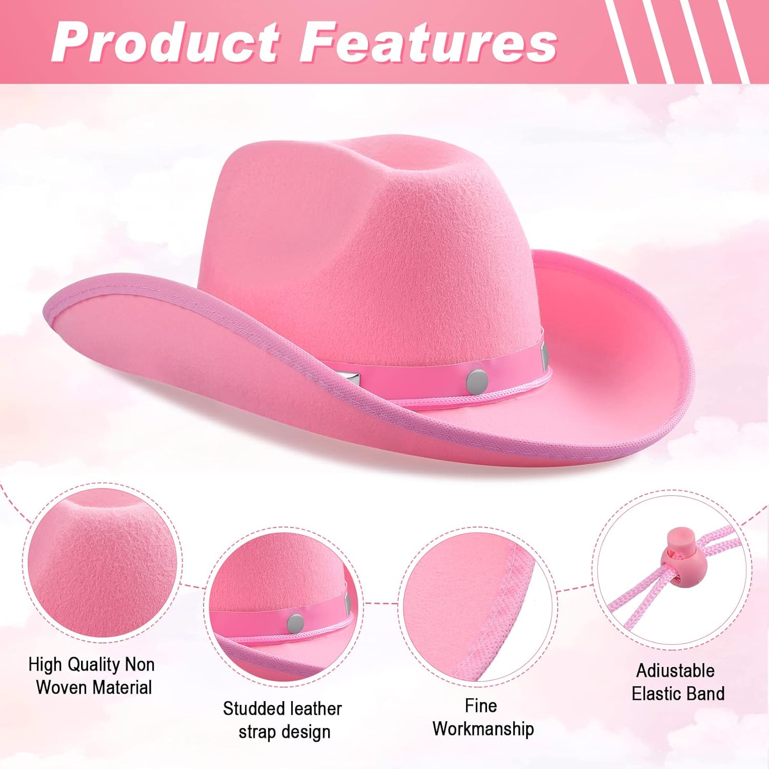 Coume 6 Pcs Pink Cowboy Hat - Cowgirl Hats Pack & Western Studded Cowboy Hat Costume Accessories for Adults, Texan Men Women Party