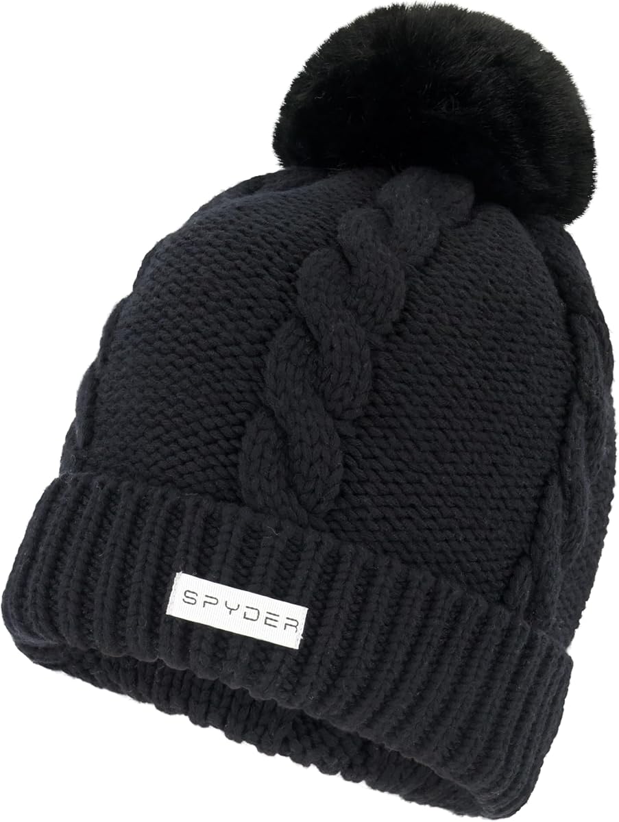 Women's Cable Knit Pom Pom Beanie with Ribbed Cuff