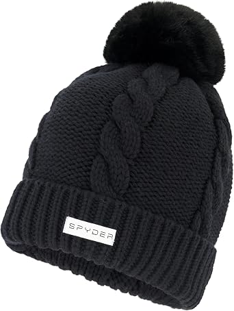 Spyder Womens Cable Knit Pom Pom Beanie with Ribbed Cuff