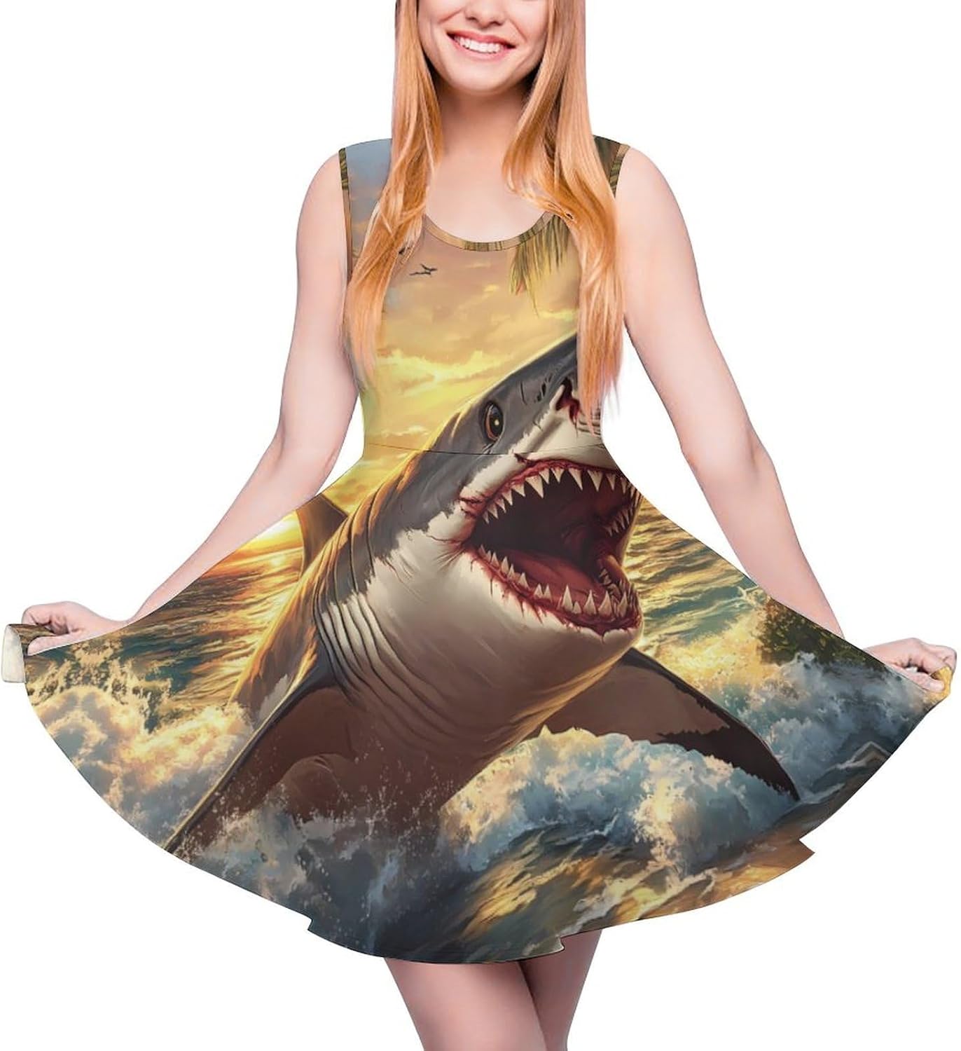 Big Shark Beach Women's Dresses Round Neck Dress Sleeveless Tank Dress Ruffle Hem Sundress