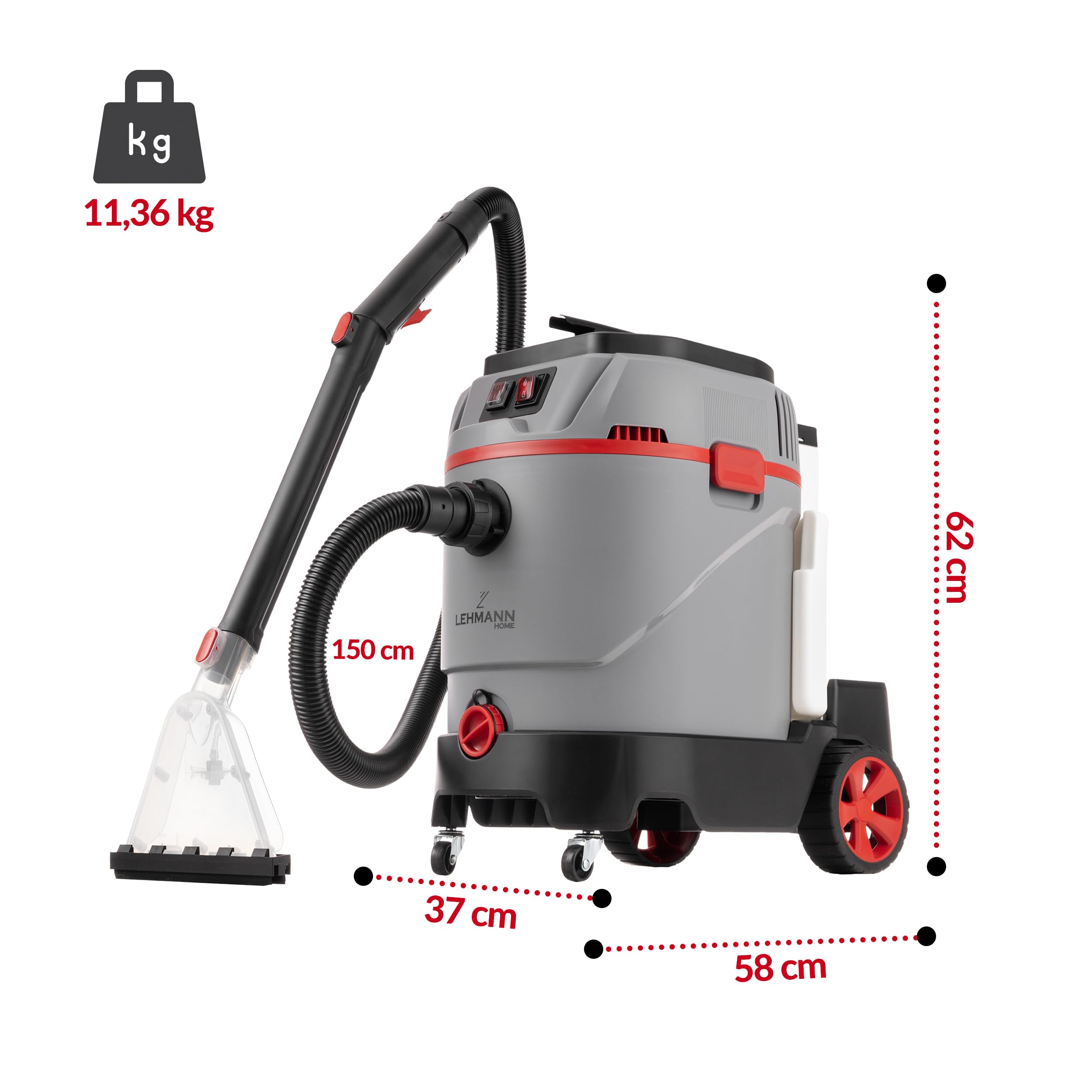 LEHMANN Primewash 2800 Lavatappeti 3 in 1, Aspirapolvere Lava Tappeti e Divani con Acqua Calda 60°C, Aspirazione Umido/Secco, Serbatoio 35 L, per Tessuti, Pavimenti e Vetri, Grigio