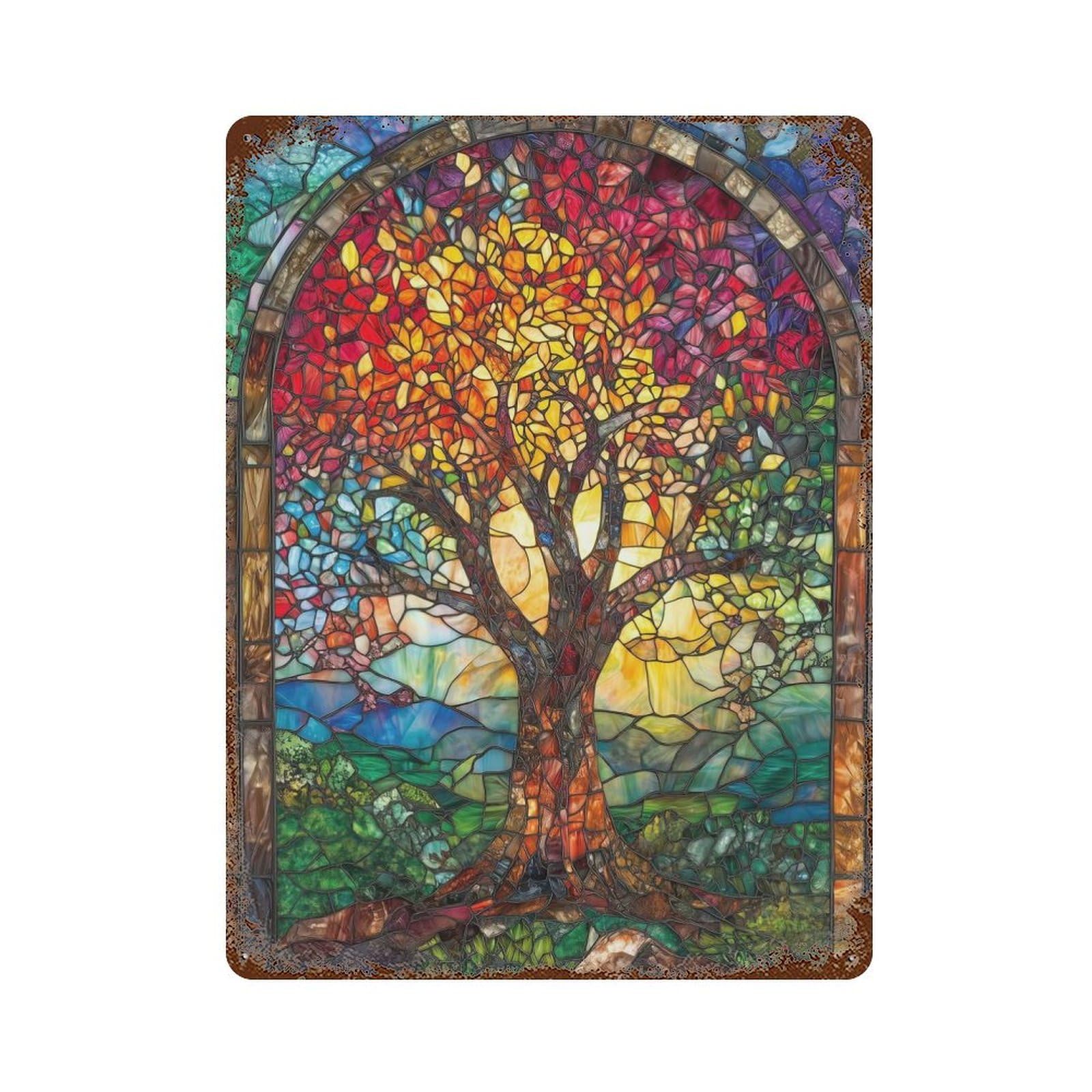 Stained Glass Tree 15.7"x11.8" Vintage Rust Metal Sign, Shabby Chic Decor for Garage, Bar And Workshop Decor