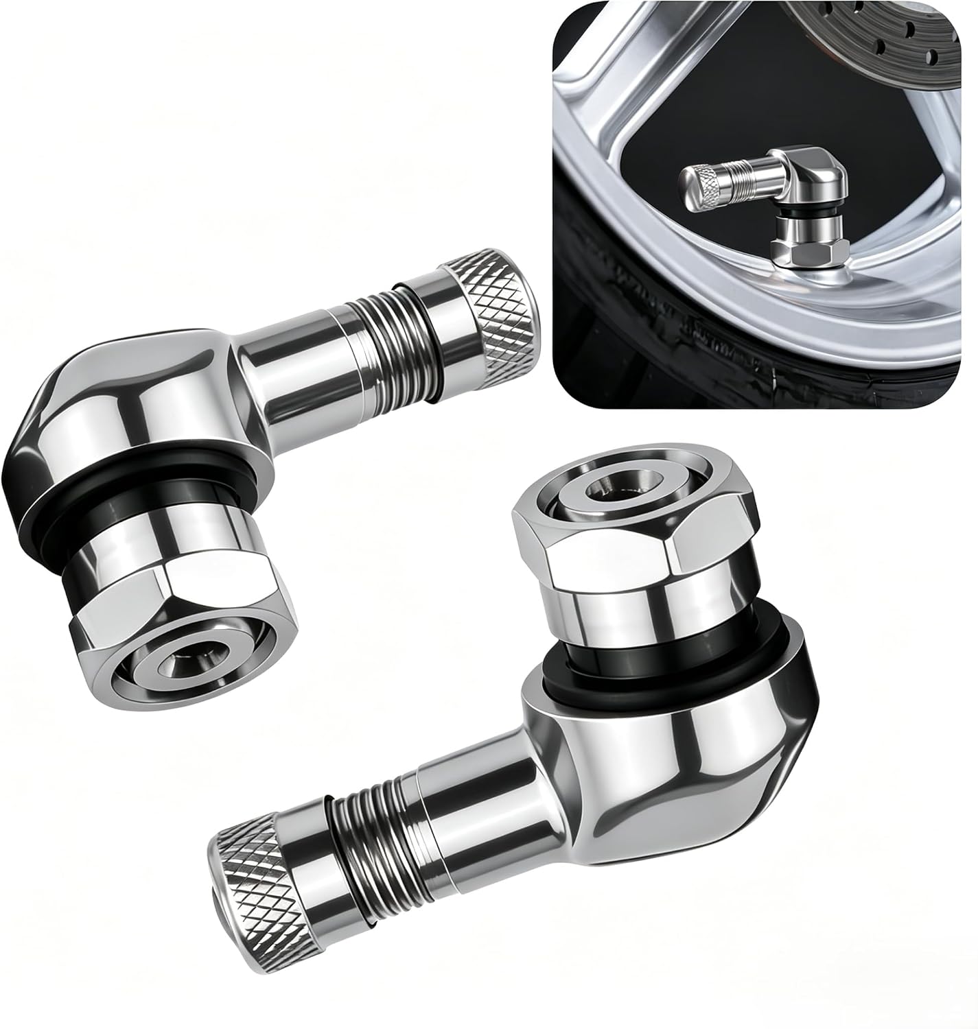 2 PCS 90 Degree CNC Motorcycle Tire Valve Stems, Aluminum Alloy Wheel Air Stem, 10 mm to 11.3 mm Leakage Proof Wheel Valve Stem Replacement Accessory, Universal for Most Motorcycles (Silver)