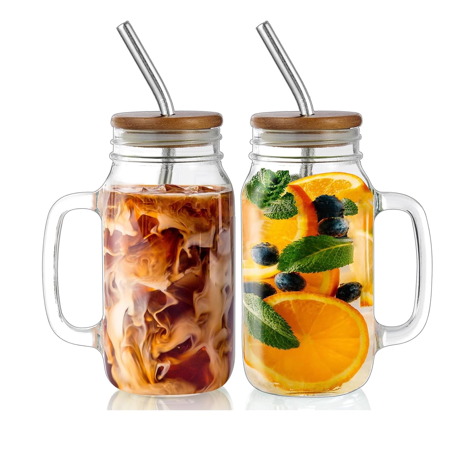 KASTWAVE Mason Jar Cups with Lids and Straws, 24 oz Mason Jar Coffee Cup with Handle, Glass Cups with Acacia Wood Lids, Drinking Glass Cups Set of 2, Glass Cup for Iced Coffee, Smoothie