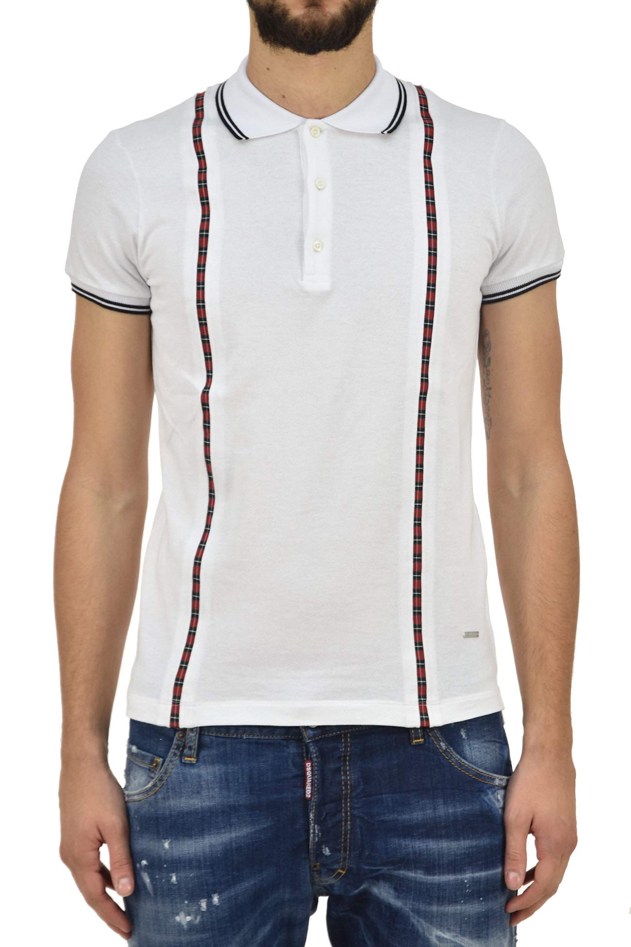 DSQUARED2 Men's Polo T-Shirt White Buttons Neck Cotton Tartan Inserts Size S-M-L