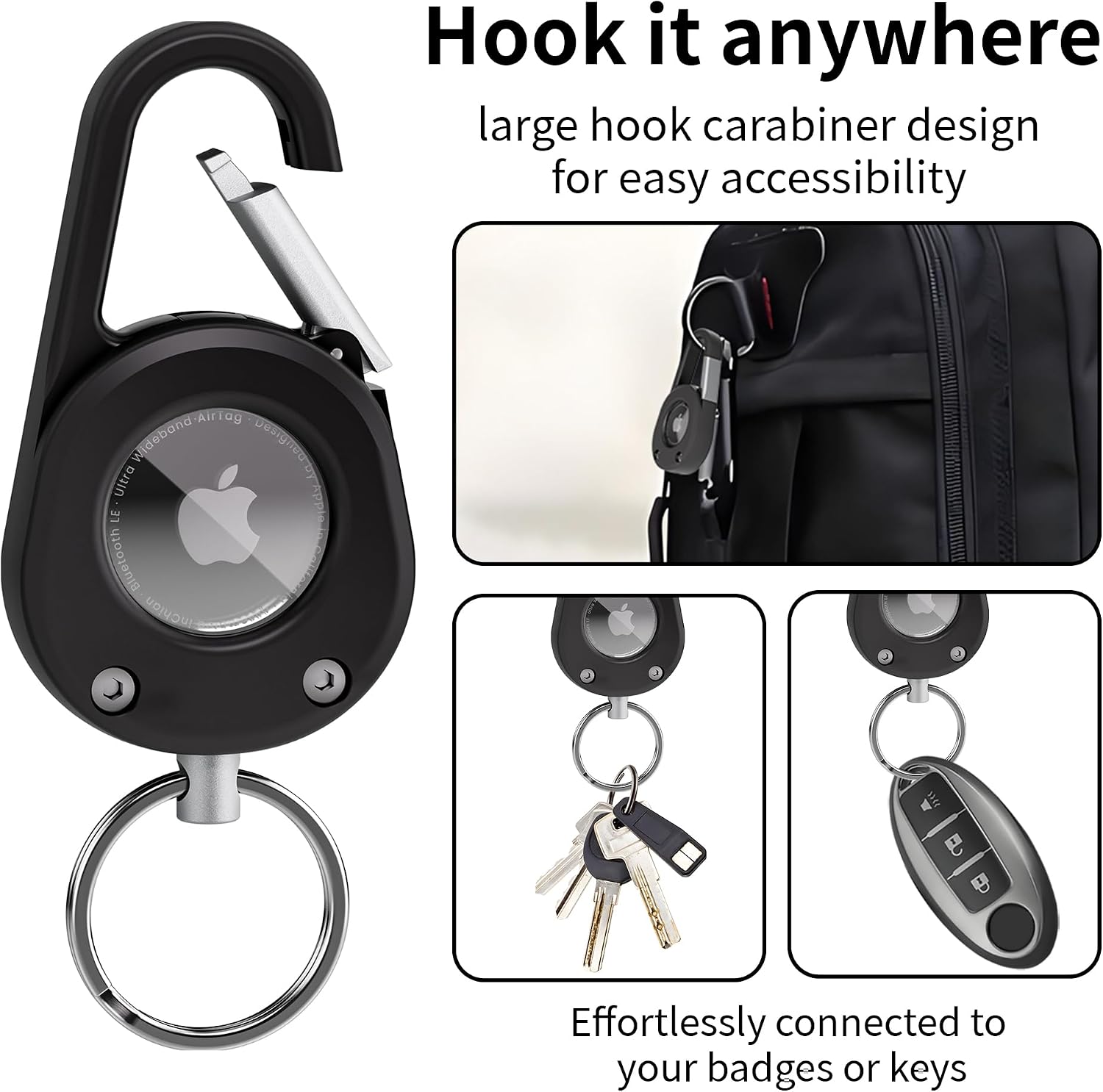 Case for Airtag Keychain Holder with Carabiner,IPX8 Waterproof Ultra Hard PC Material Upgrade Waterproof Scratch-Resistant Clear Window,Car Keychain for Apple Air Tag 2nd Gen (2026) &1st Gen(Black)