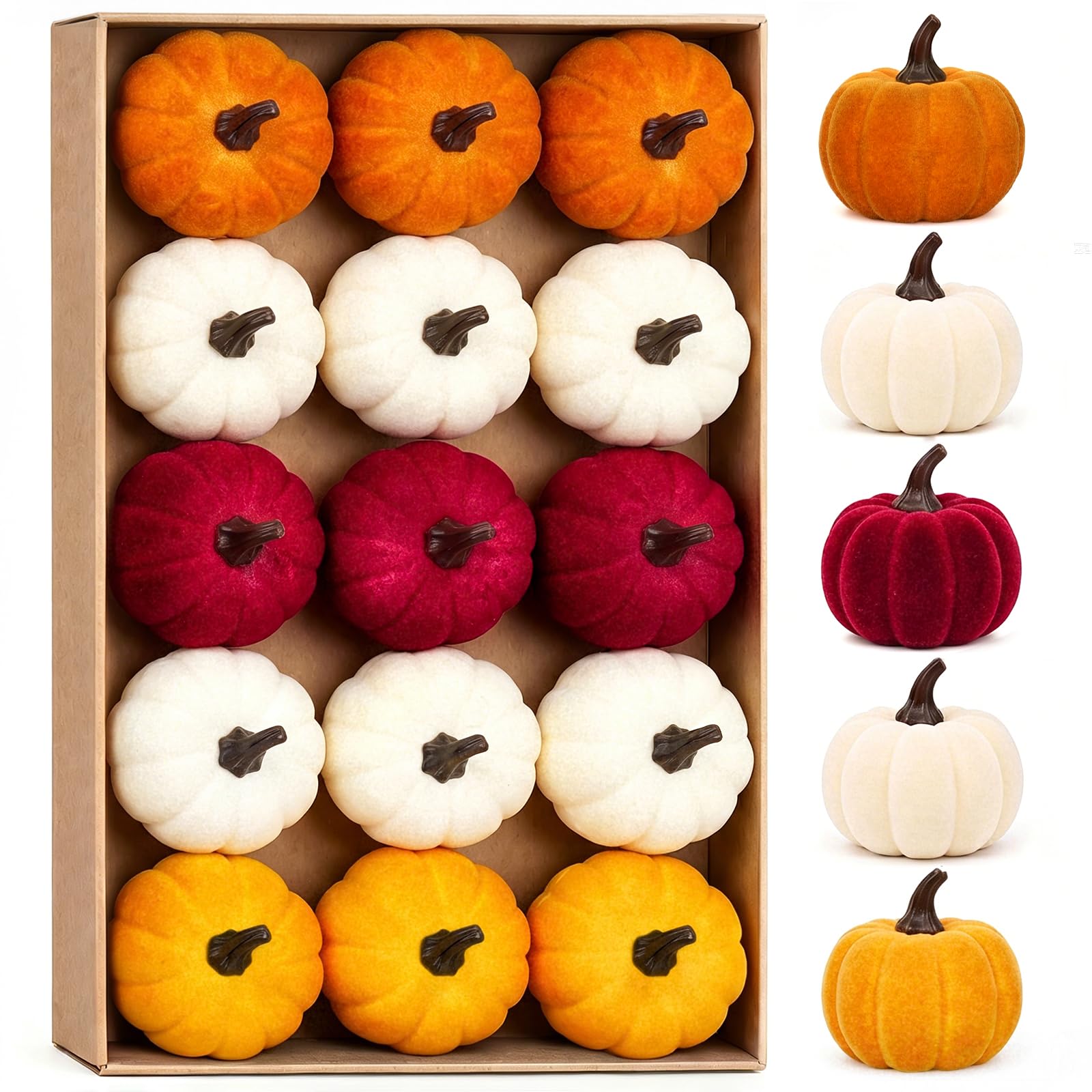Xmasexp Brownburgundywhite 15Pcs Velvet Fall Pumpkins Decor Thanksgiving Harvest Table Decorations Artificial Small Assorted Pumpkin For Farmhouse Fall Wedding Party Home Centerpiece Indoor (Brownburgundywhite)