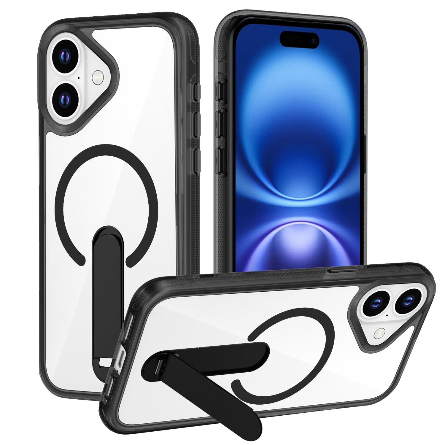 XTCASE Magnetische Hülle für iPhone 16 kompatibel mit Magsafe, Transparent Handyhülle mit Unsichtbarer Metall Ständer Stoßfest TPU + Kratzfest Hardcase, Schwarz