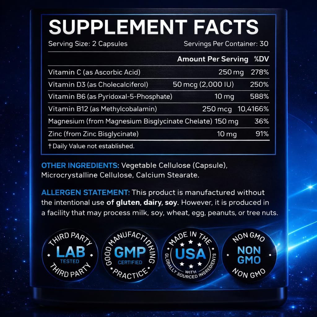 Night Shift Essentials Multivitamin for Night Workers, Nurses & First Responders - Energy, Focus & Sleep Support, D3, B-Complex, Magnesium & Zinc, Caffeine-Free, Melatonin-Free, 60 Capsules