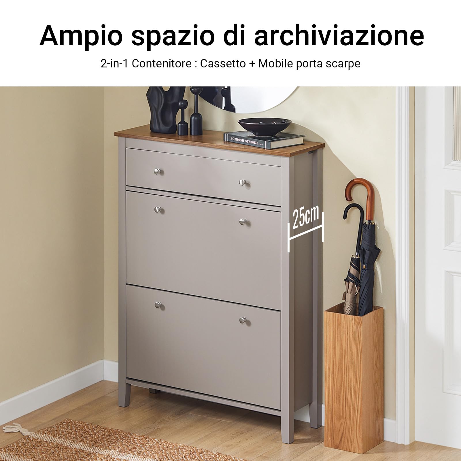 SoBuy Scarpiera Salvaspazio Slim Ingresso - Mobile Scarpiera con Cassetto e 2 Ante a Ribalta per 12 Paia - Design Nordico in Legno, Facile Montaggio, 78x24x108 cm, Marrone Chiaro, FSR89-KA