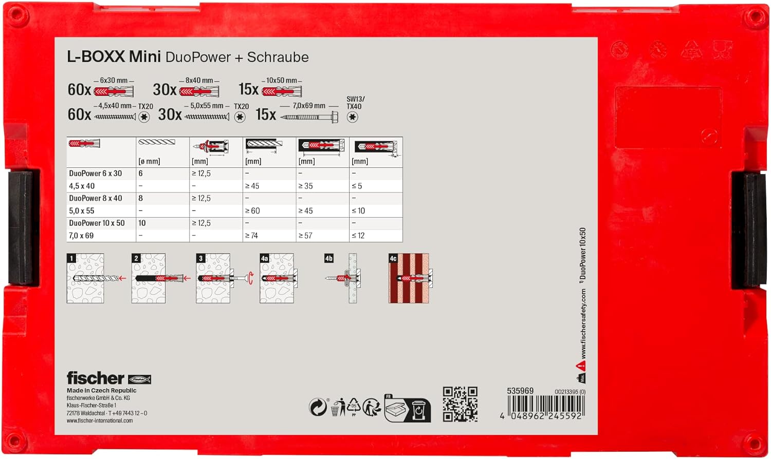 fischer 535969 DUOPOWER Wallplug, Red/Gray, Set of 210 Pieces