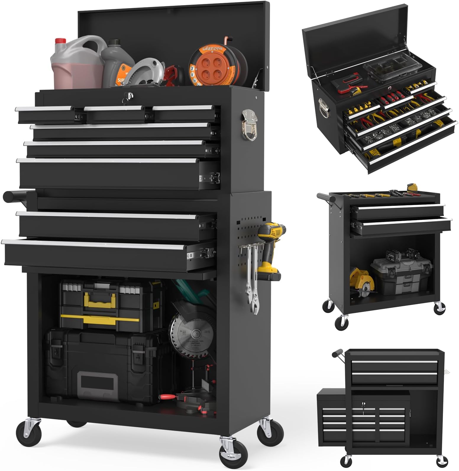 Tool Chest, 8-Drawer Rolling Tool Storage Cabinet with 2 in 1 Detachable Top Tool Box, Liner, Lockable Wheels, Side Hooks, Locking Mechanism, Metal Tool Cart for Garage (Black)