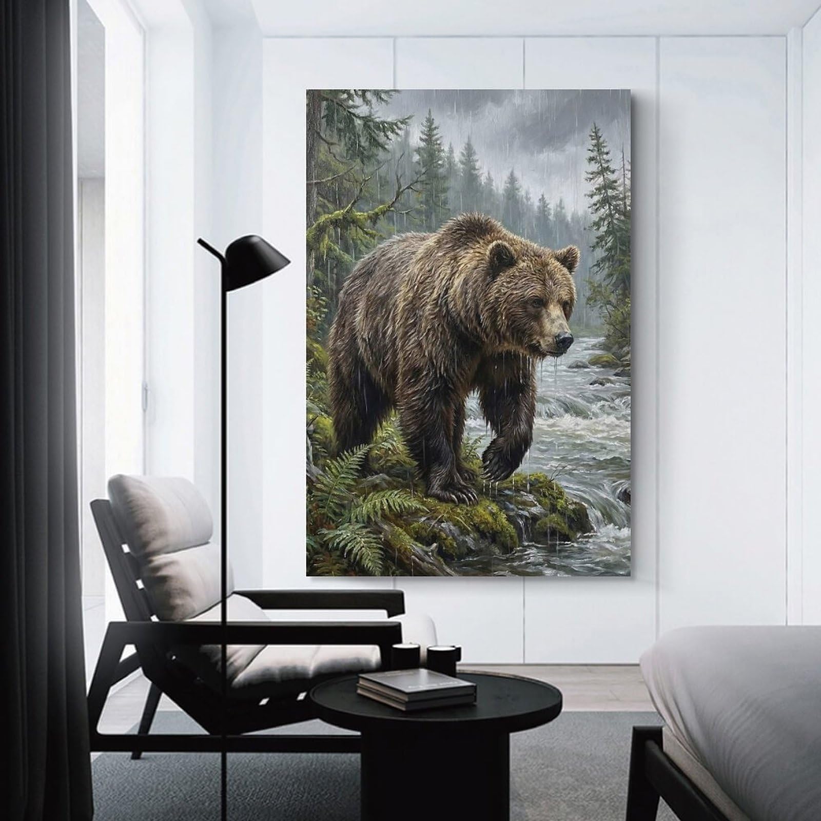 Junmoney Grizzly Bear in Rainy Forest Canvas Wall Decor, 20x30inch(50x75cm), for Office, Study Or Home Workspace, Wall Art That Adds Style to Work Areas