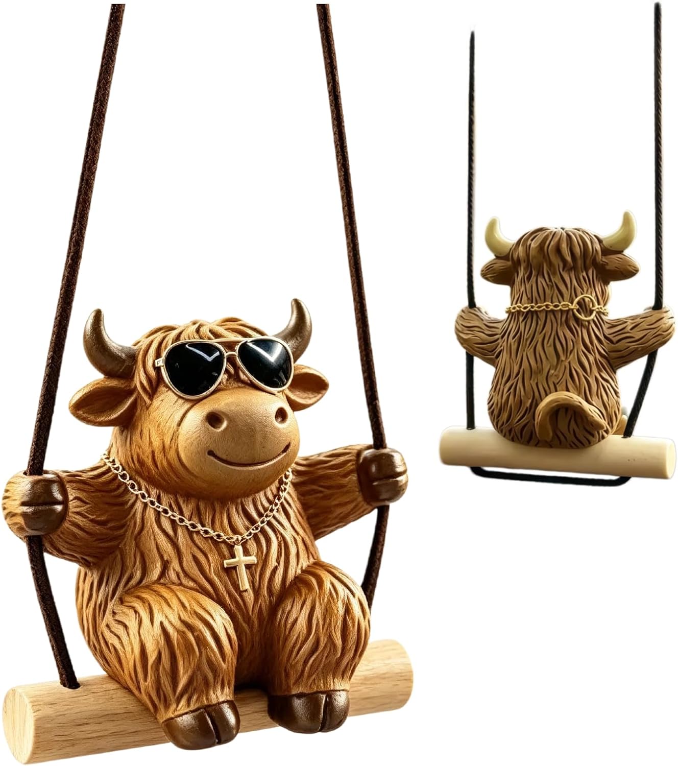 Cool Highland Cow Car Hanging Ornament with Sunglasses Gold Chain Resin