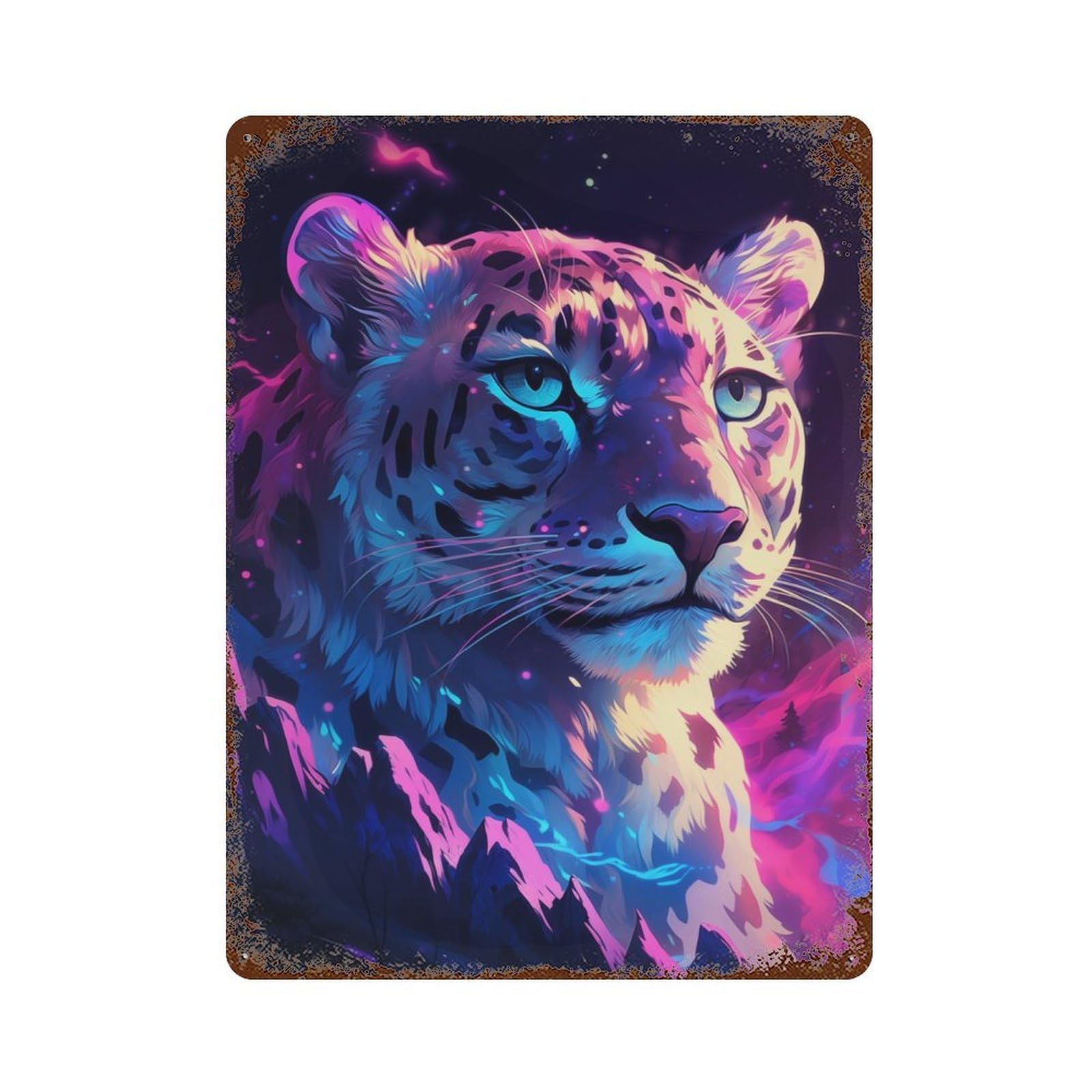 Snow Leopard Aurora Weathered Tin Sign 15.7"x11.8", for Patio, Garden Room And Bar Decor, Farmhouse Wall Decor