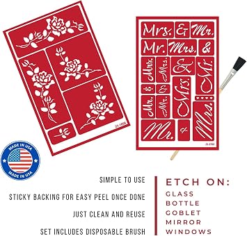 2 Glass Etching Wedding Stencils Reusable Template - Wedding Theme Etch Stencil - Glass Etching Stencils Wedding, Floral, Mr, Mrs Design - Self Stick Stencils Set with Brush