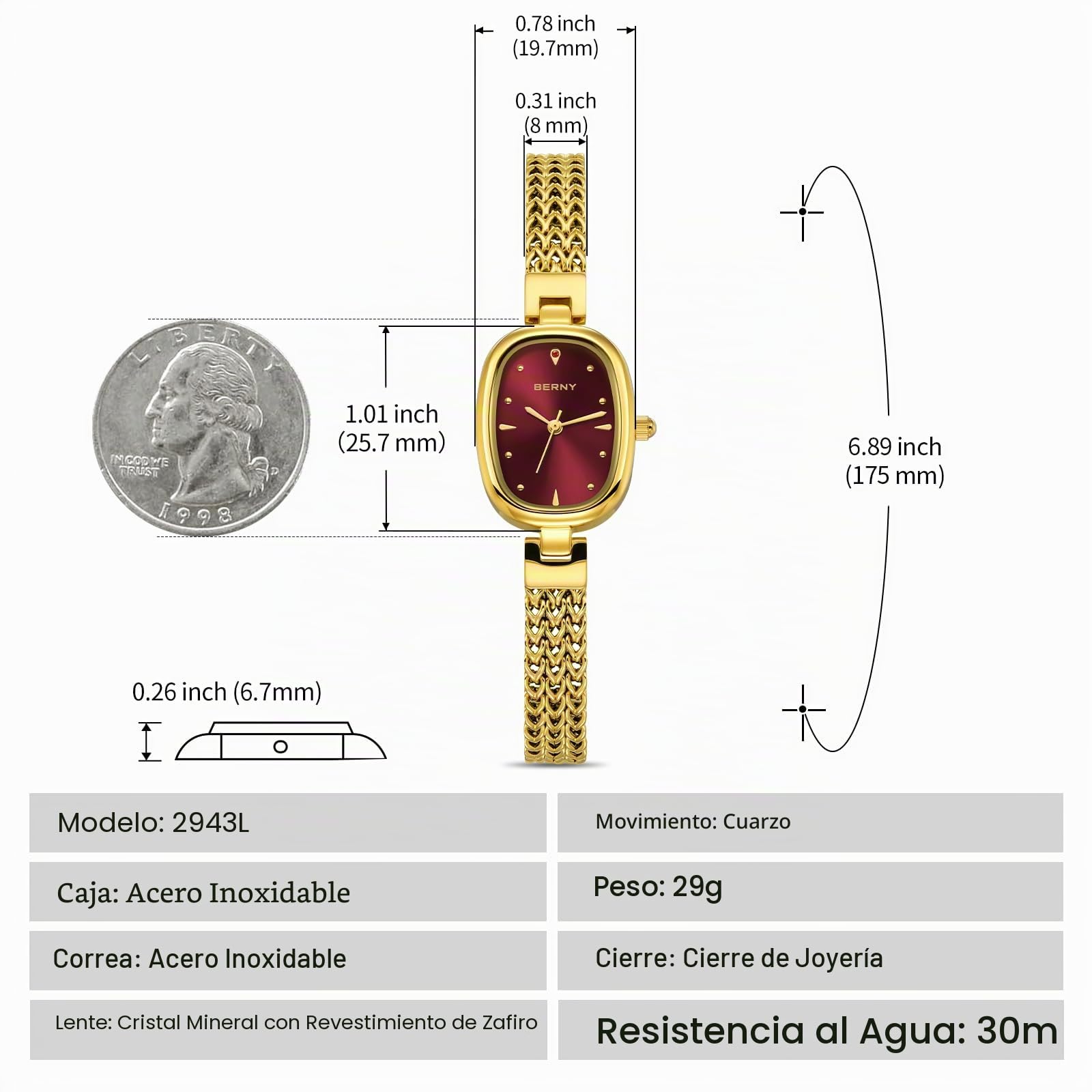 BERNY Relojes De Oro para Mujeres Reloj De Pulsera Ovalado Vintage Analógico De Cuarzo para Damas Reloj De Pulsera De Lujo Resistente Al Agua