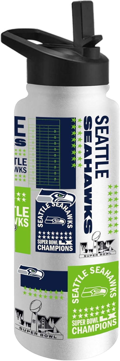 FANMATS Seattle Seahawks Super Bowl 60 Champions 34 oz Quencher Water Bottle – Built-In Straw, Official Super Bowl 60 Champs Logo - Image 3