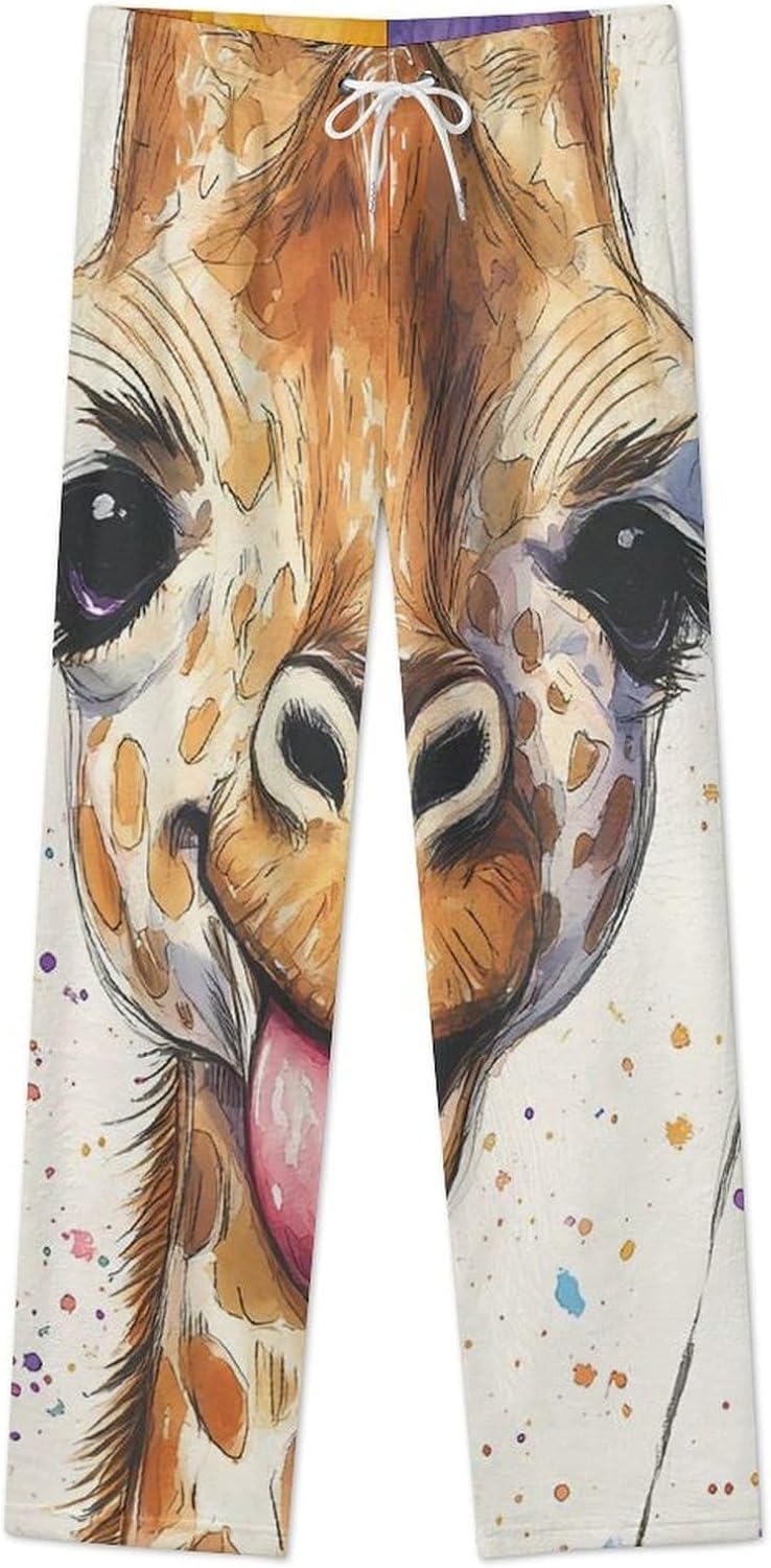 Happy Giraffe With Tongue Out Flannel Pajama Pants Women Soft Fleece Sleep Pj Lounge Bottoms