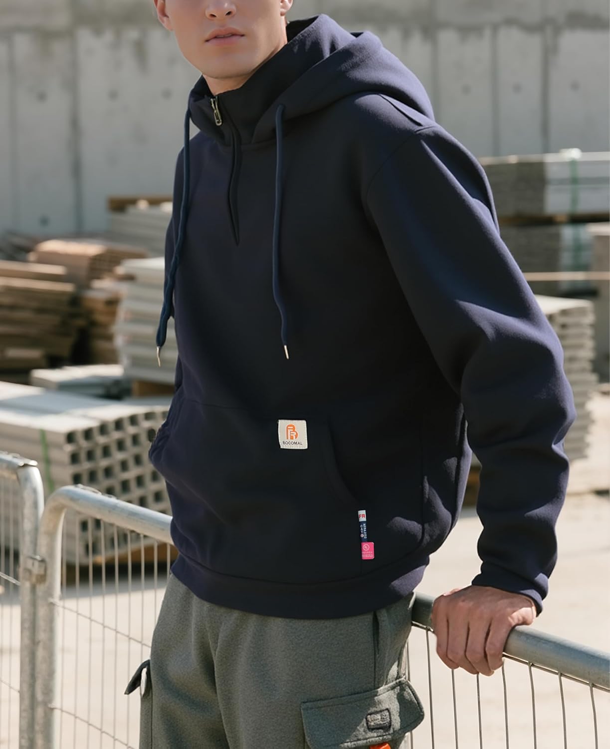 BOCOMAL FR Hoodies 1/4 Zipper Pullover 10.5oz Cotton Fleece Fire Resistant Hooded Sweatshirts-NFPA2112 CAT2 - Image 2