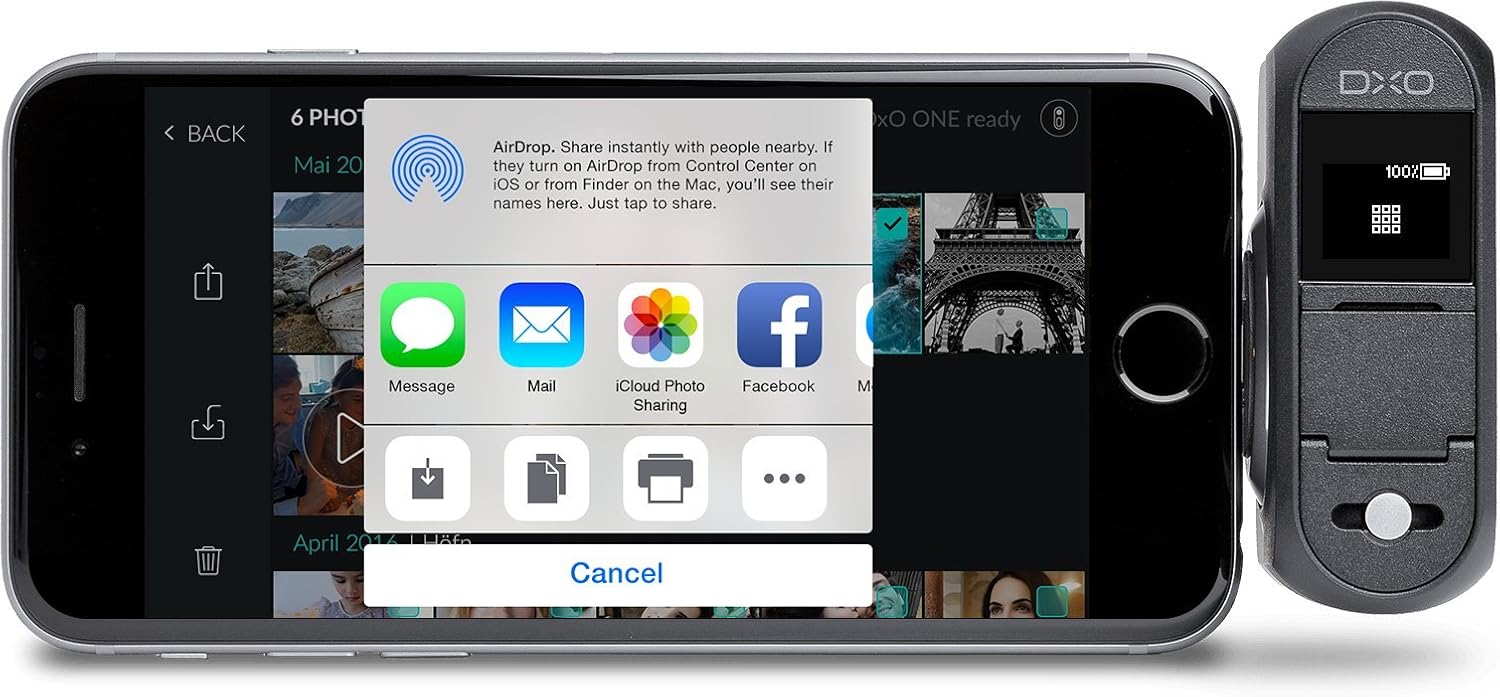iPhone screen showing sharing options from DxO ONE app